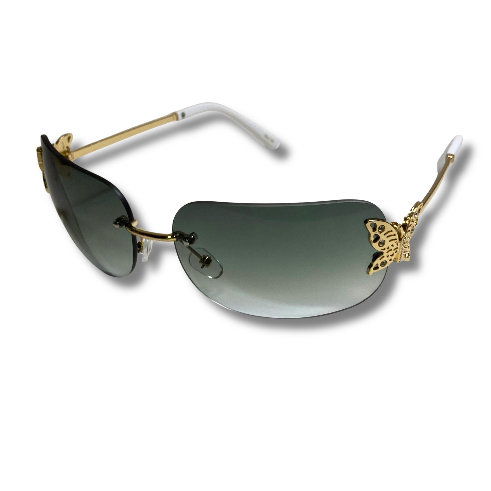 womens green and gold y2k rimless wraparound sunglasses