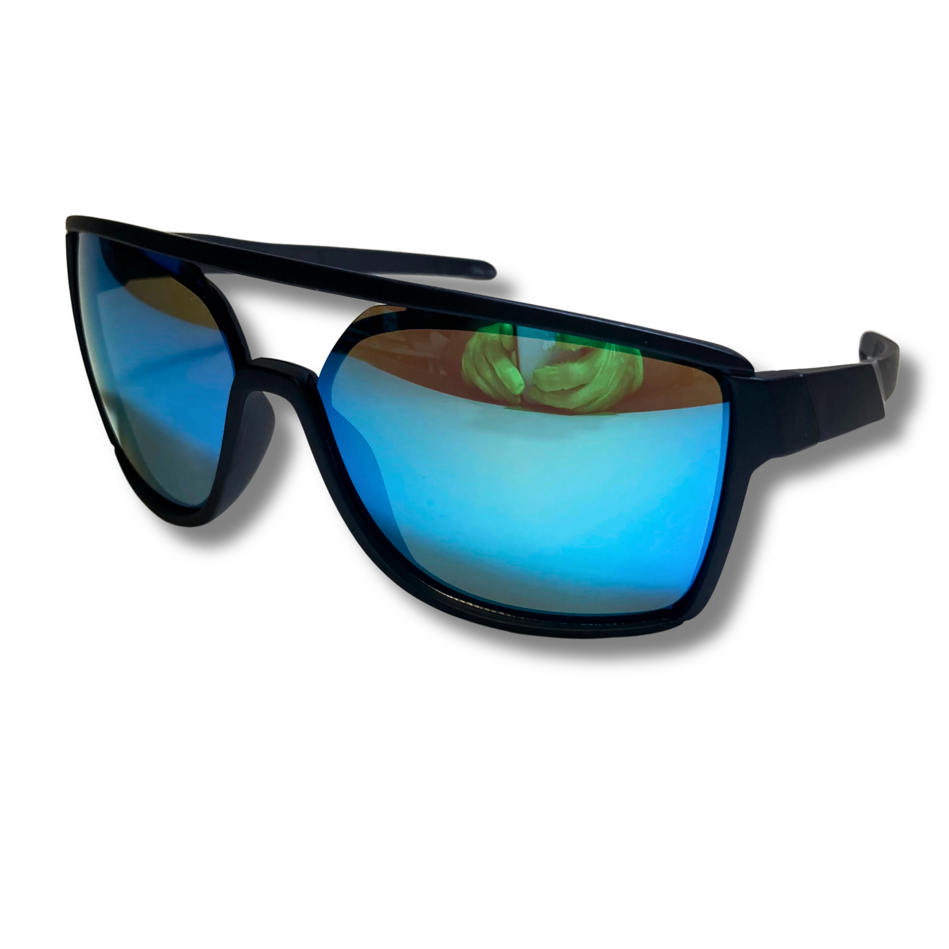 Mens and womens black and blue square mirrored aviator sunglasses with crossbar