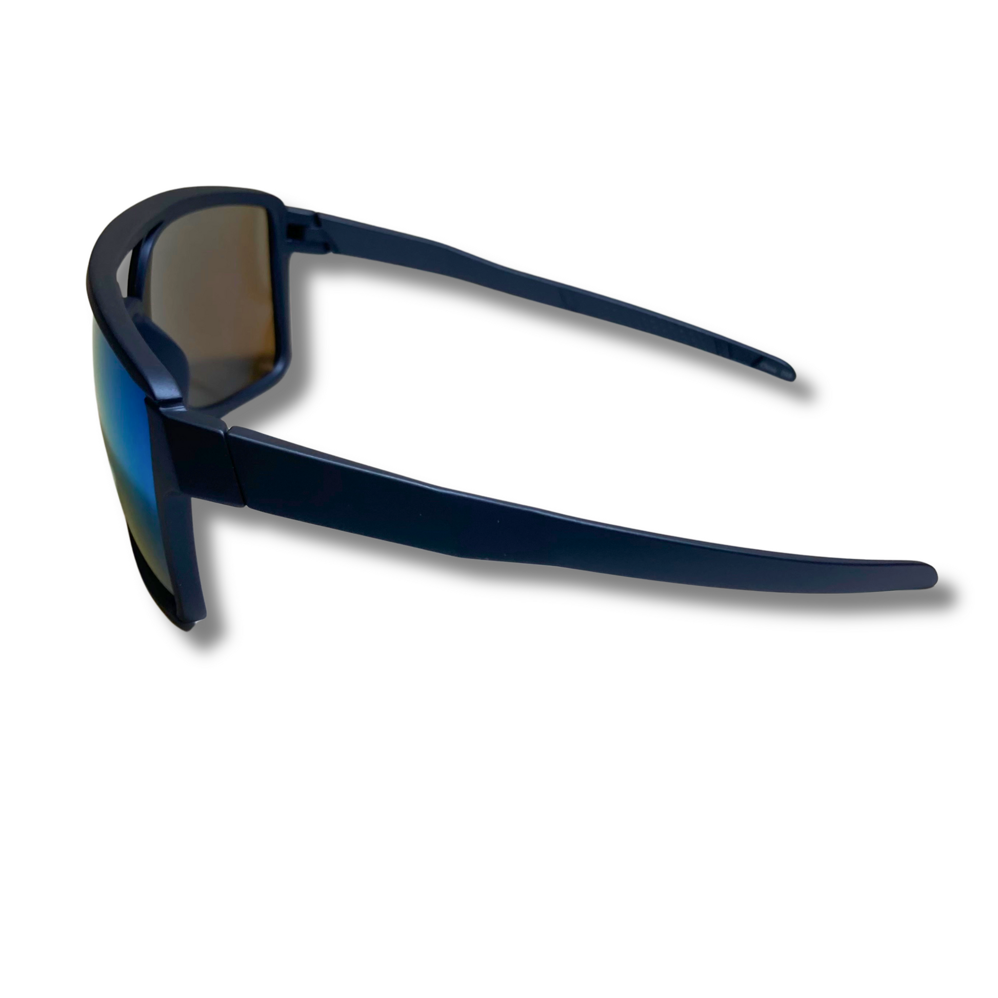Mens and womens black and blue square mirrored aviator sunglasses with crossbar