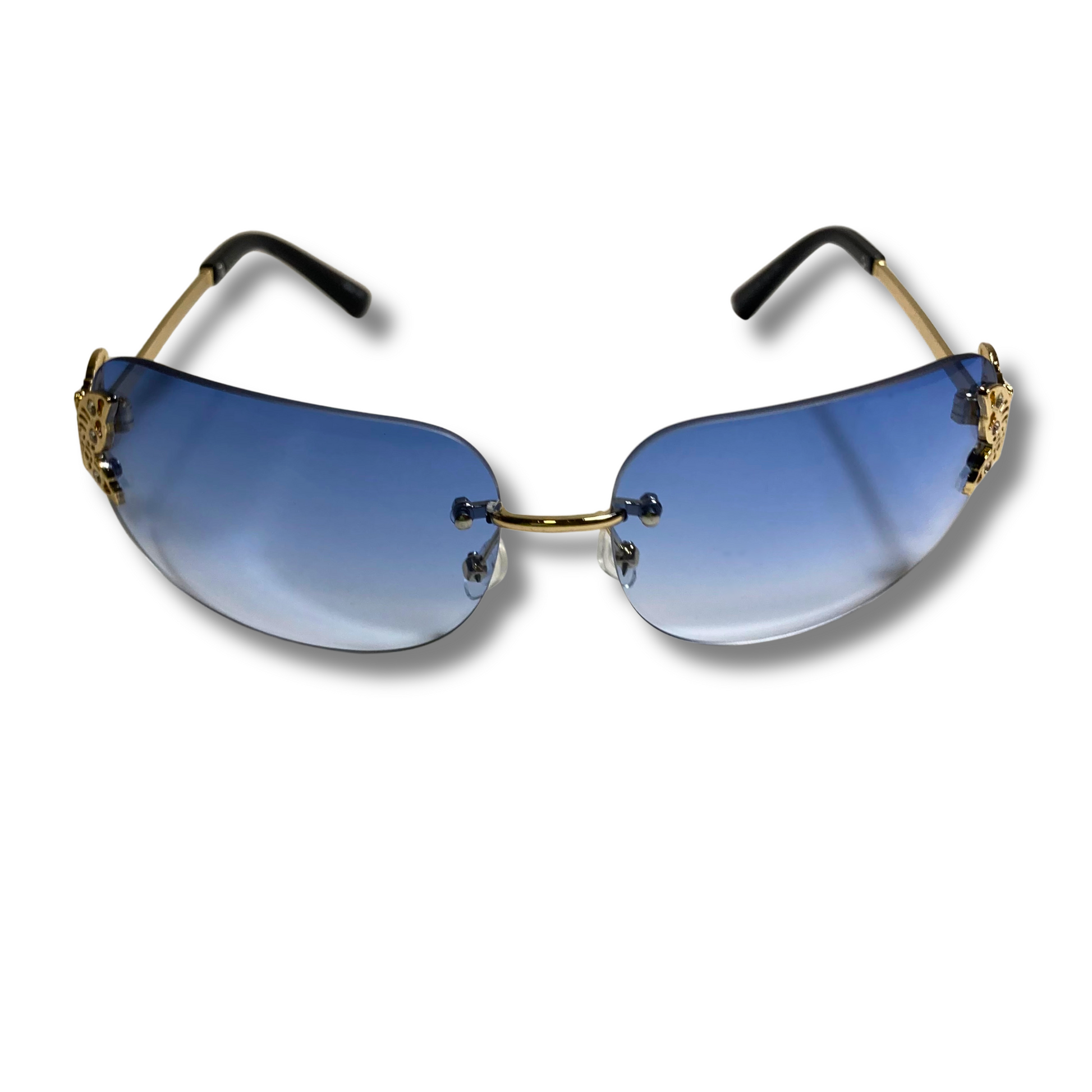 womens blue and gold y2k rimless wraparound sunglasses