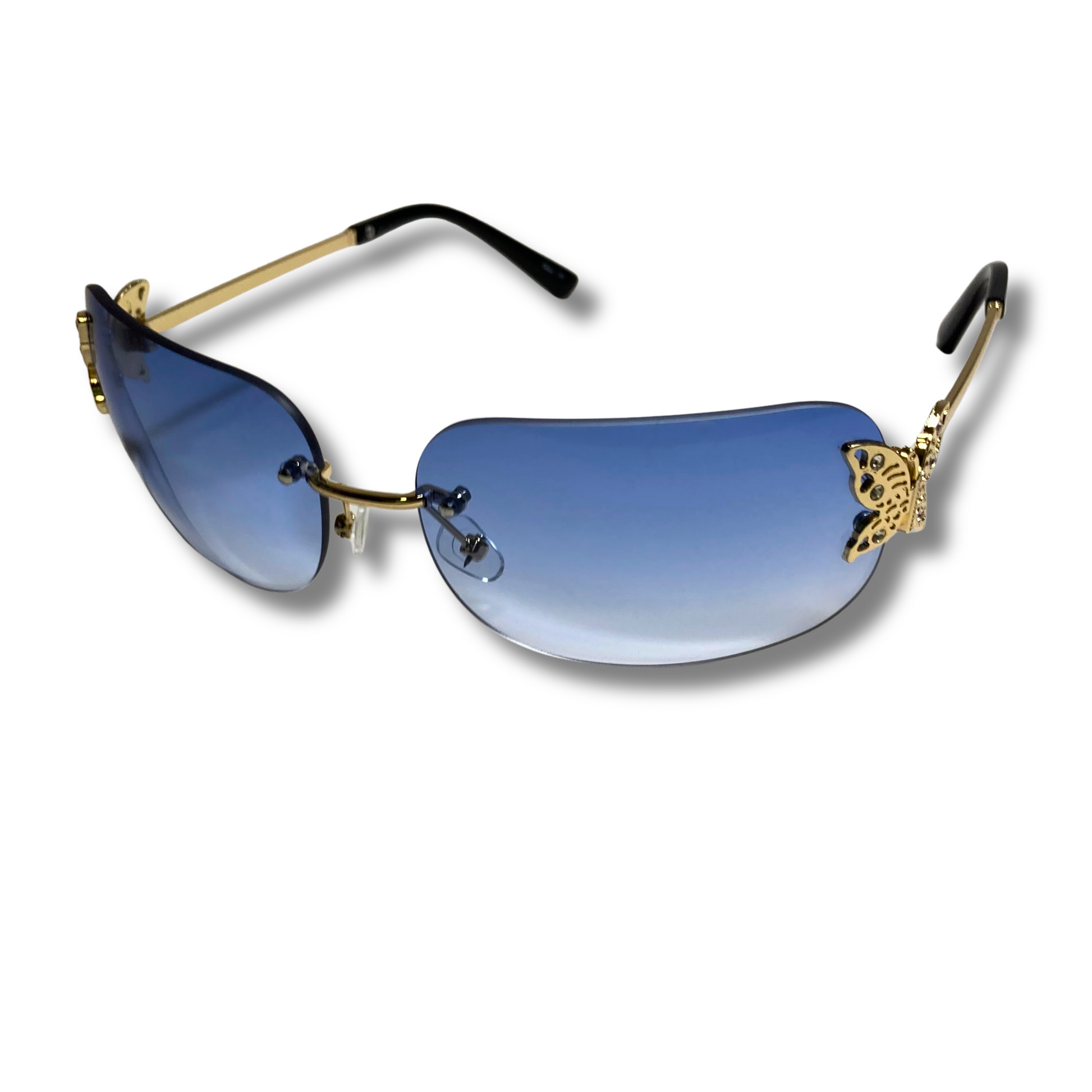 womens blue and gold y2k rimless wraparound sunglasses