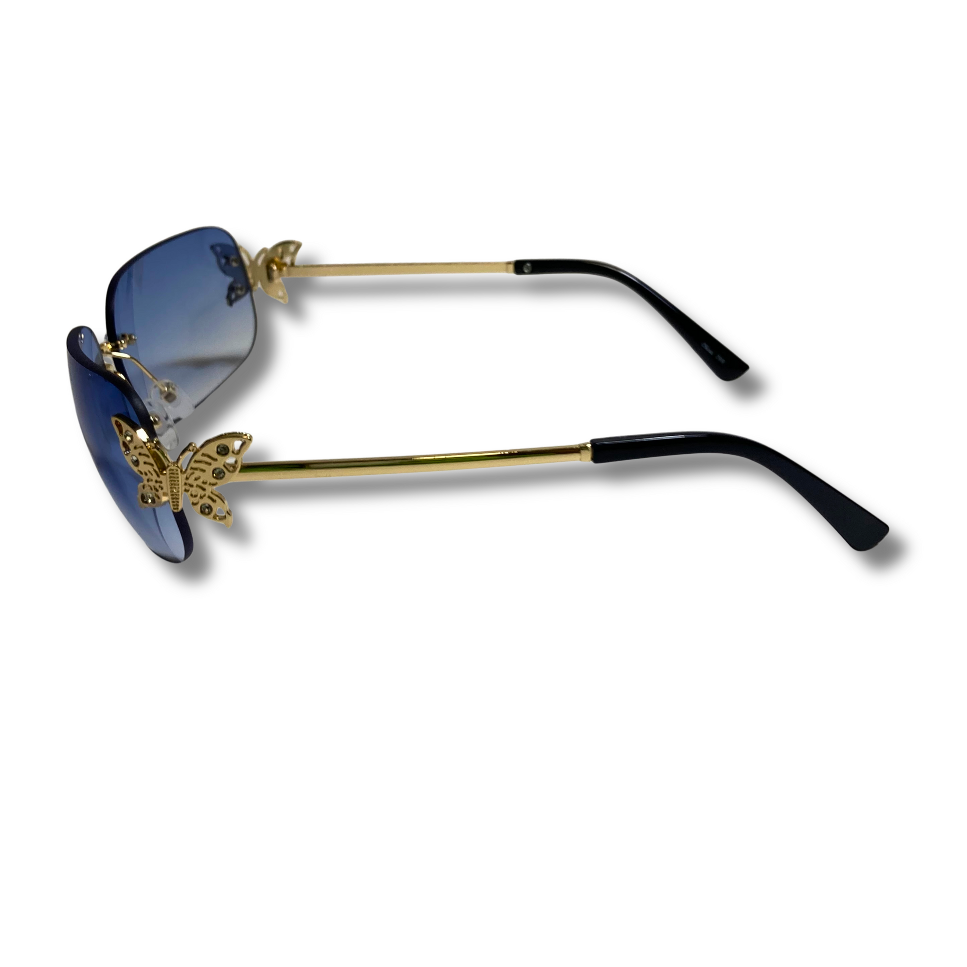 womens blue and gold y2k rimless wraparound sunglasses