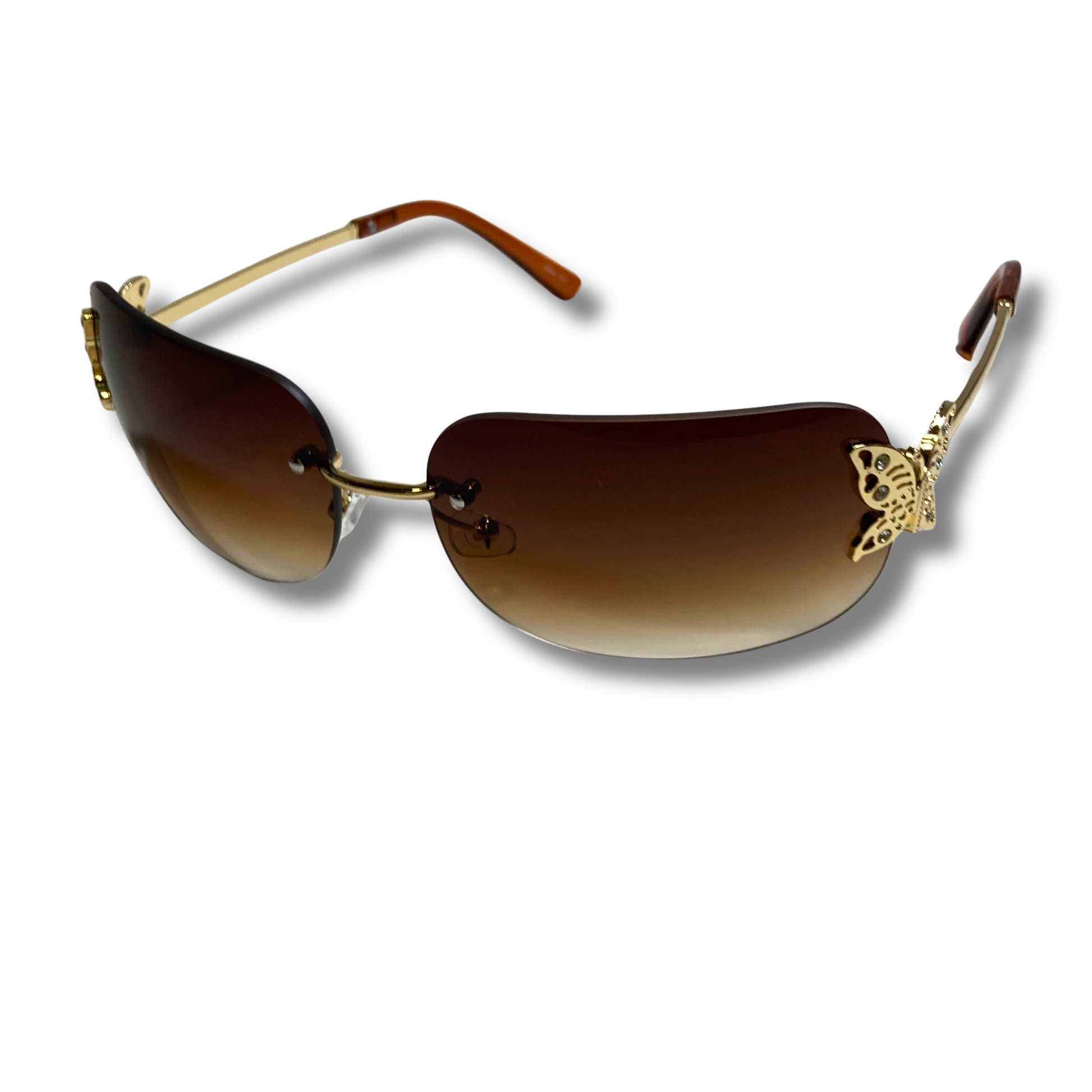 womens brown and gold y2k rimless wraparound sunglasses