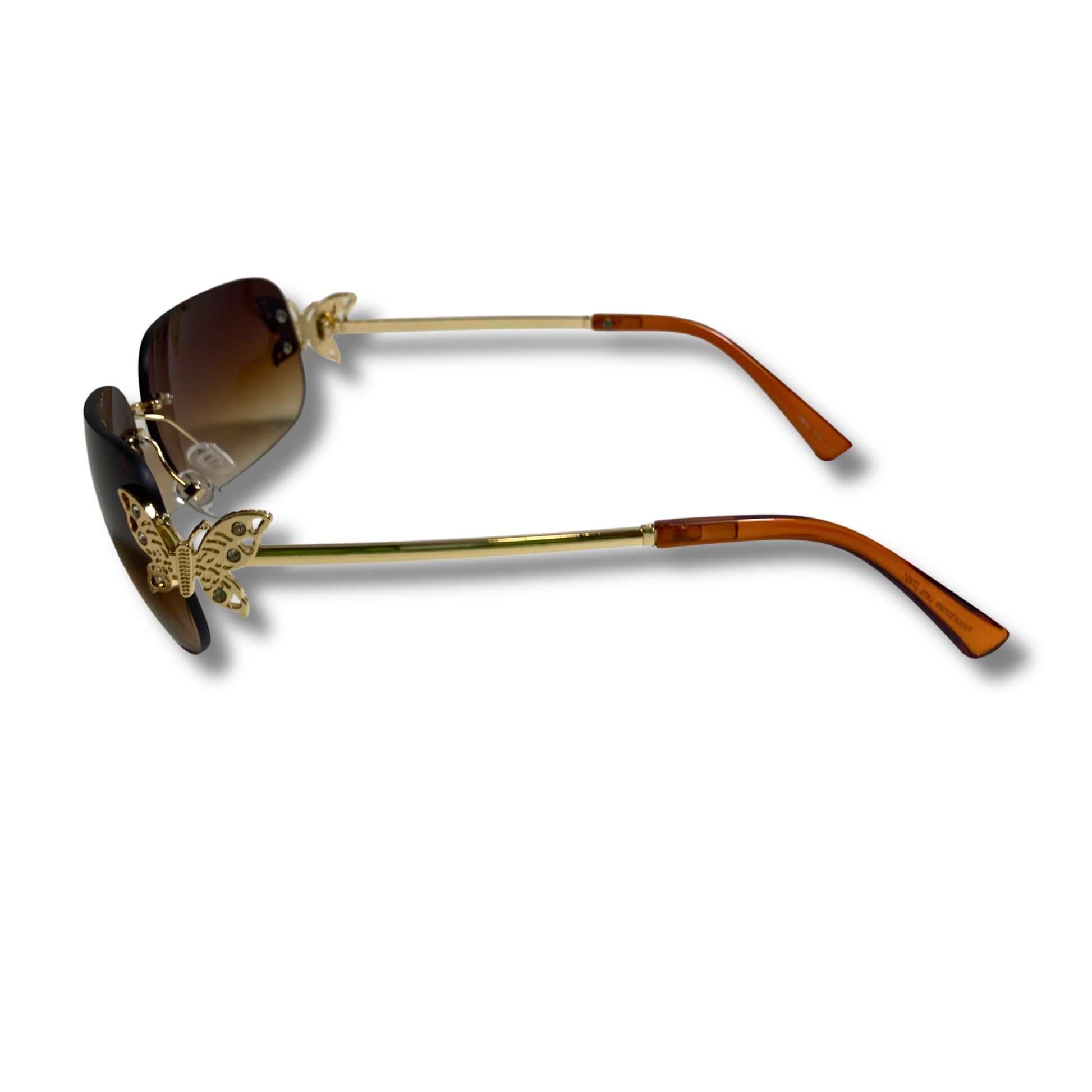 womens brown and gold y2k rimless wraparound sunglasses