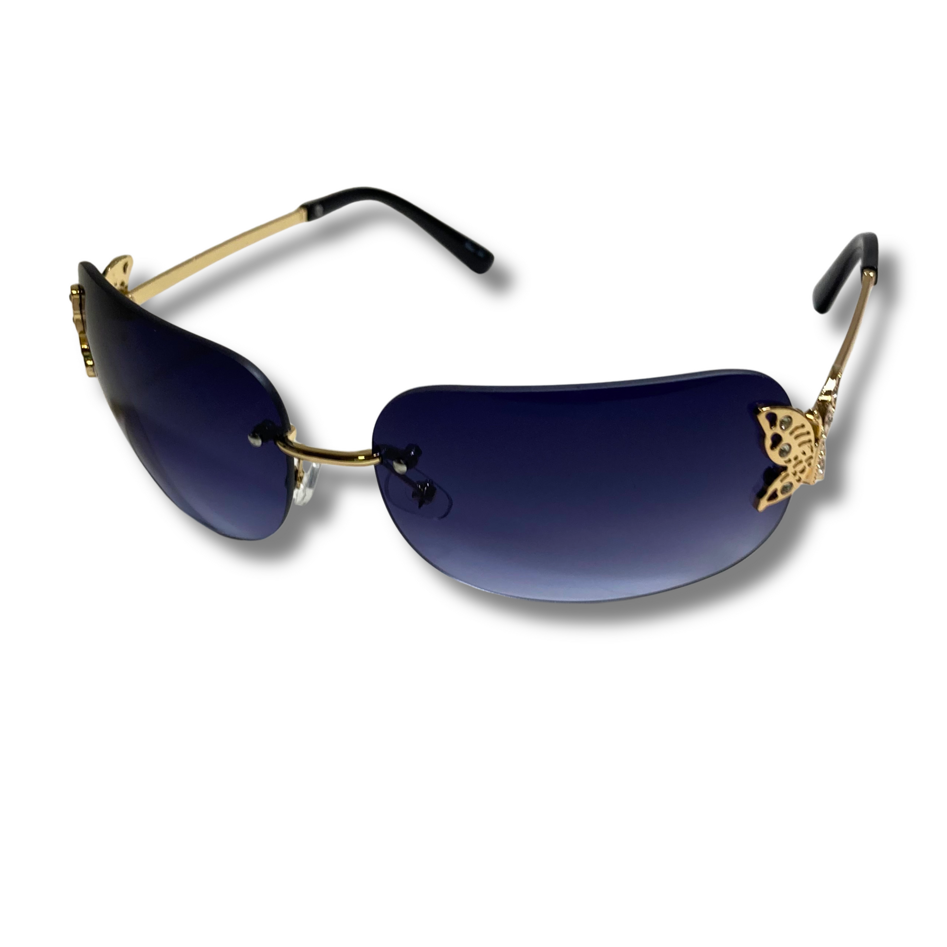 womens black and gold y2k rimless wraparound sunglasses