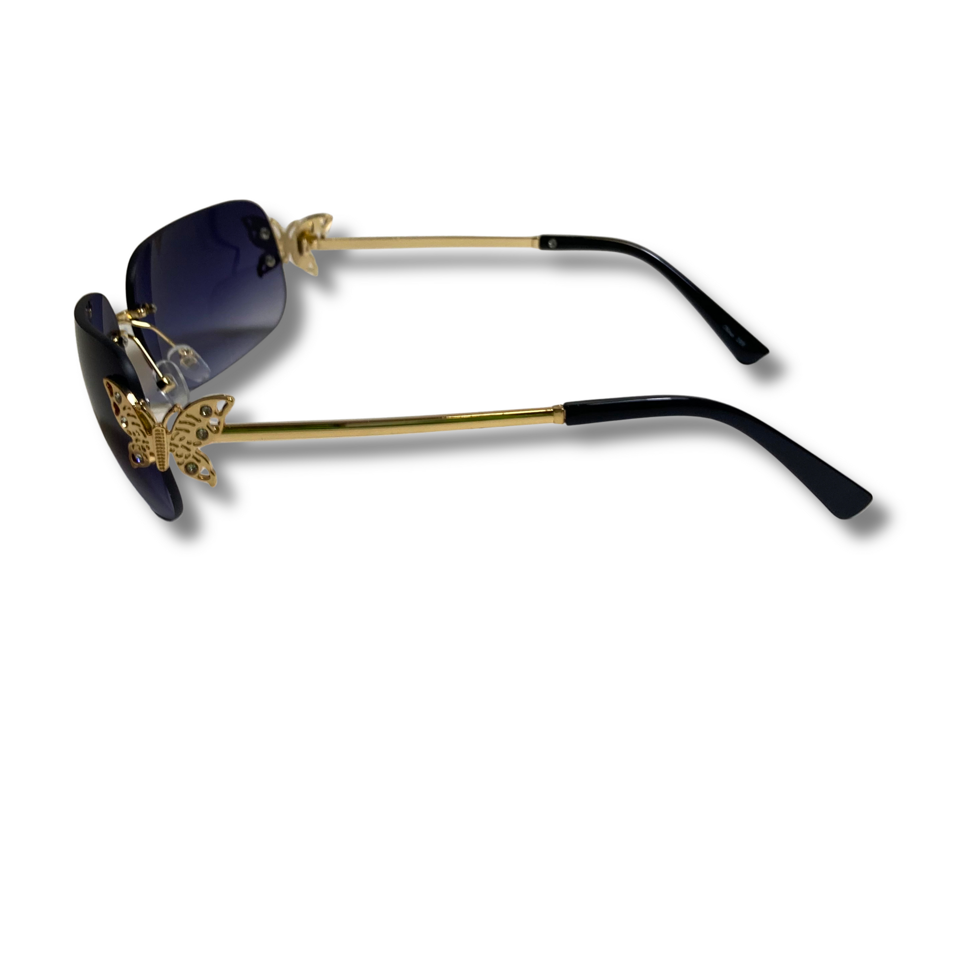 womens black and gold y2k rimless wraparound sunglasses