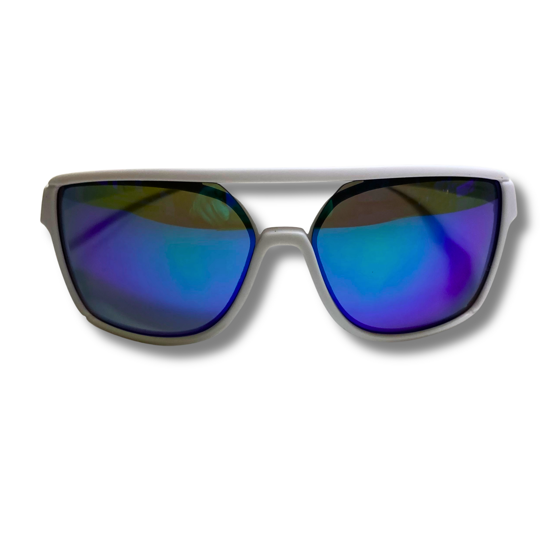 Mens and womens white and blue square mirrored aviator sunglasses with crossbar