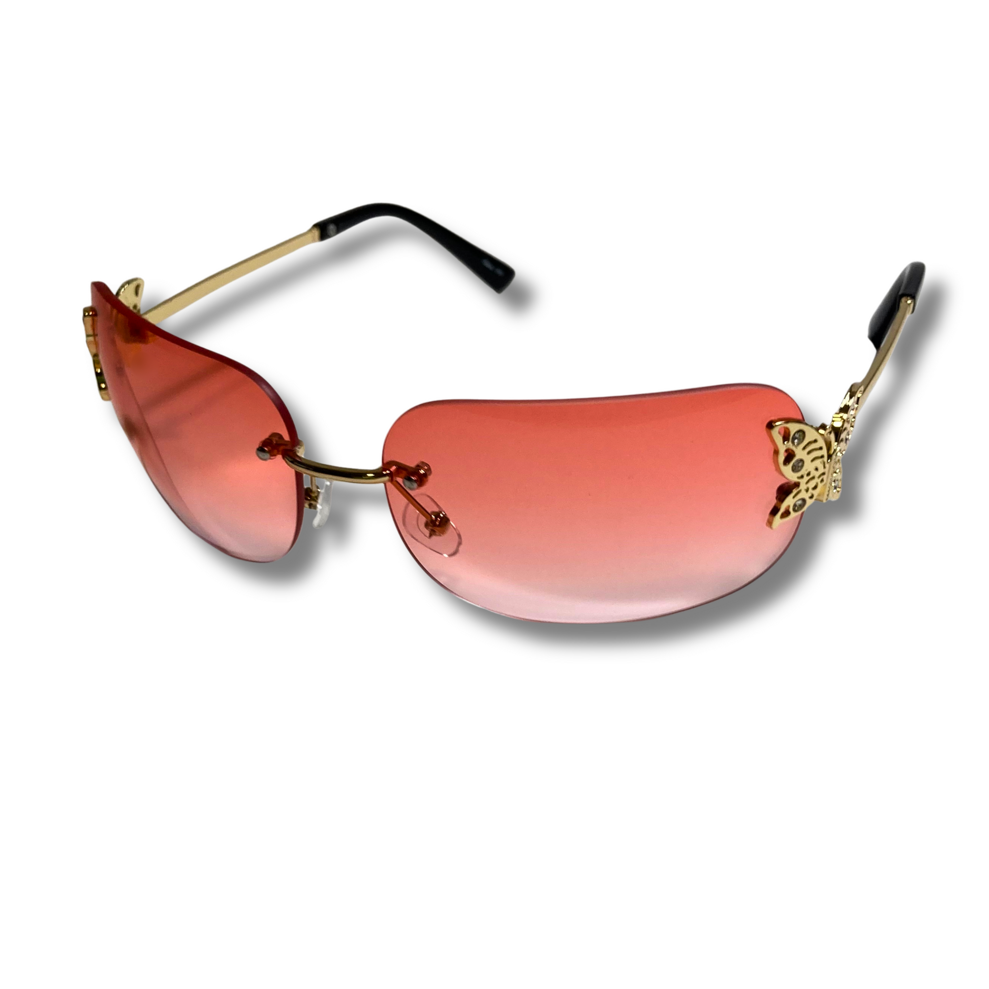 womens red and gold y2k rimless wraparound sunglasses