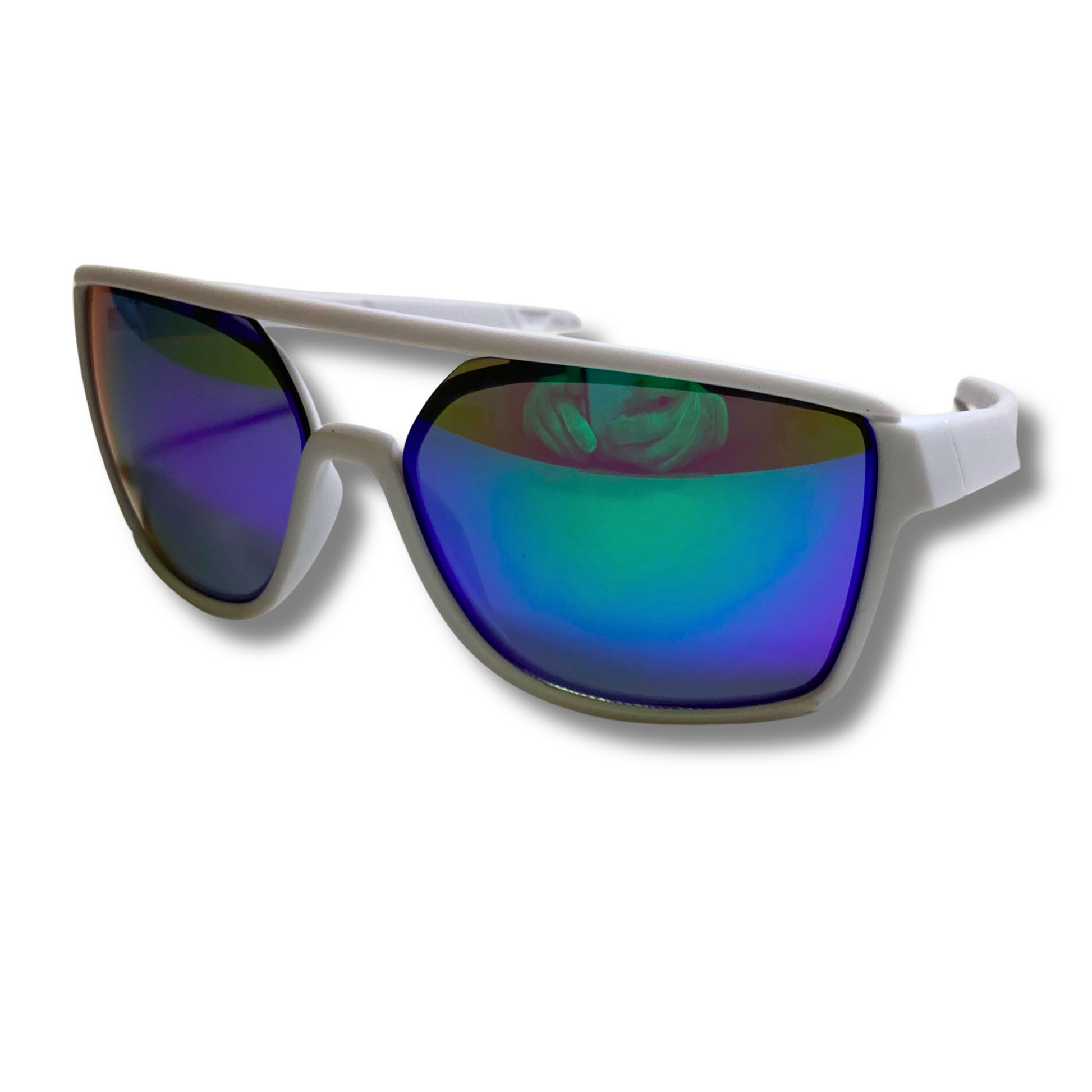Mens and womens white and blue square mirrored aviator sunglasses with crossbar