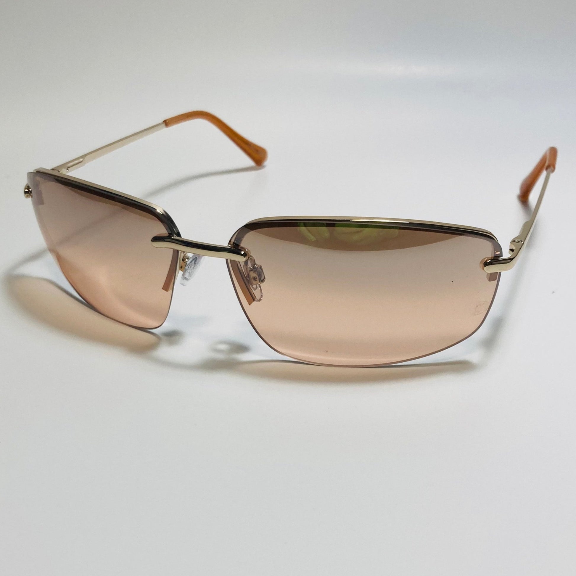 mens and womens gold and brown half rim wrap 2000s sunglasses