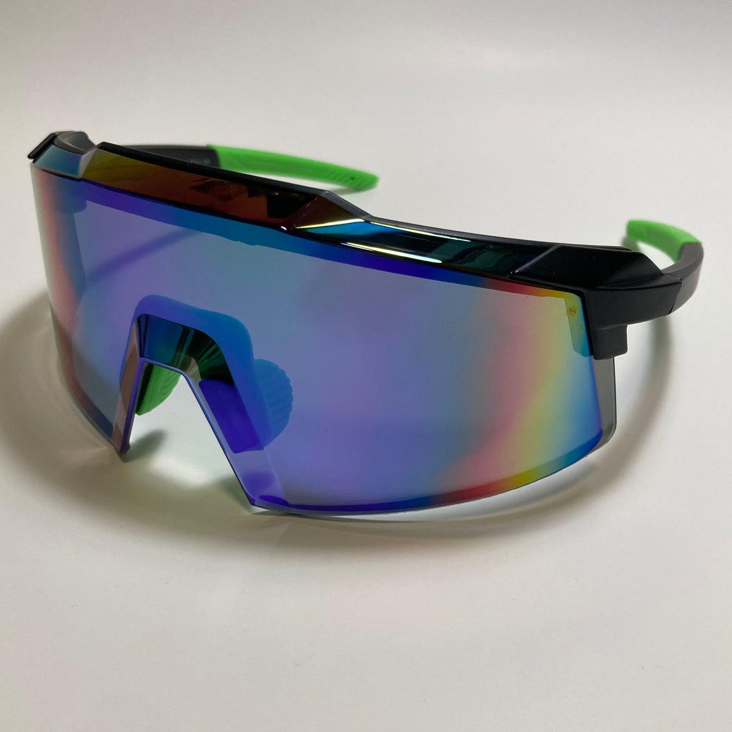 womens and mens sport cycling sunglasses with mirrored blue lens and black and green frame