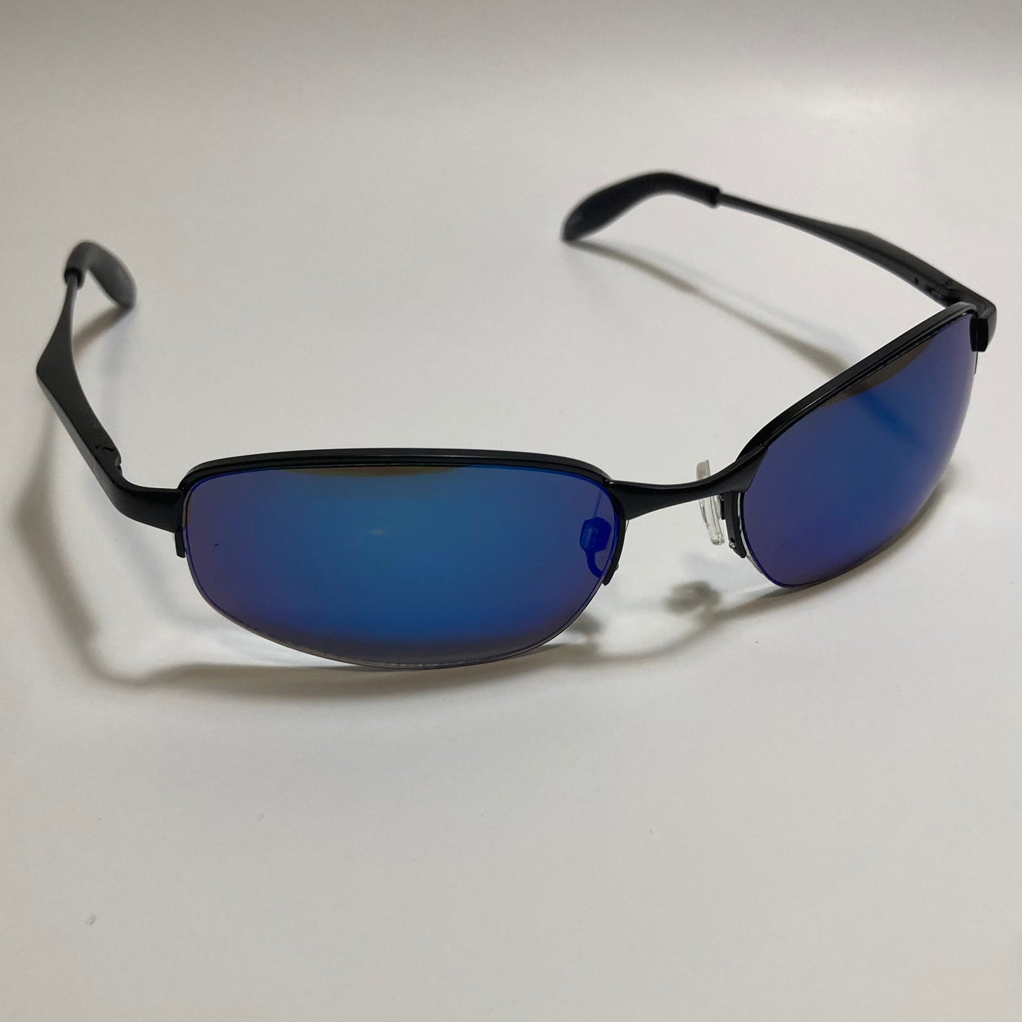 mens and womens black and blue mirrored metal frame wrap y2k sunglasses