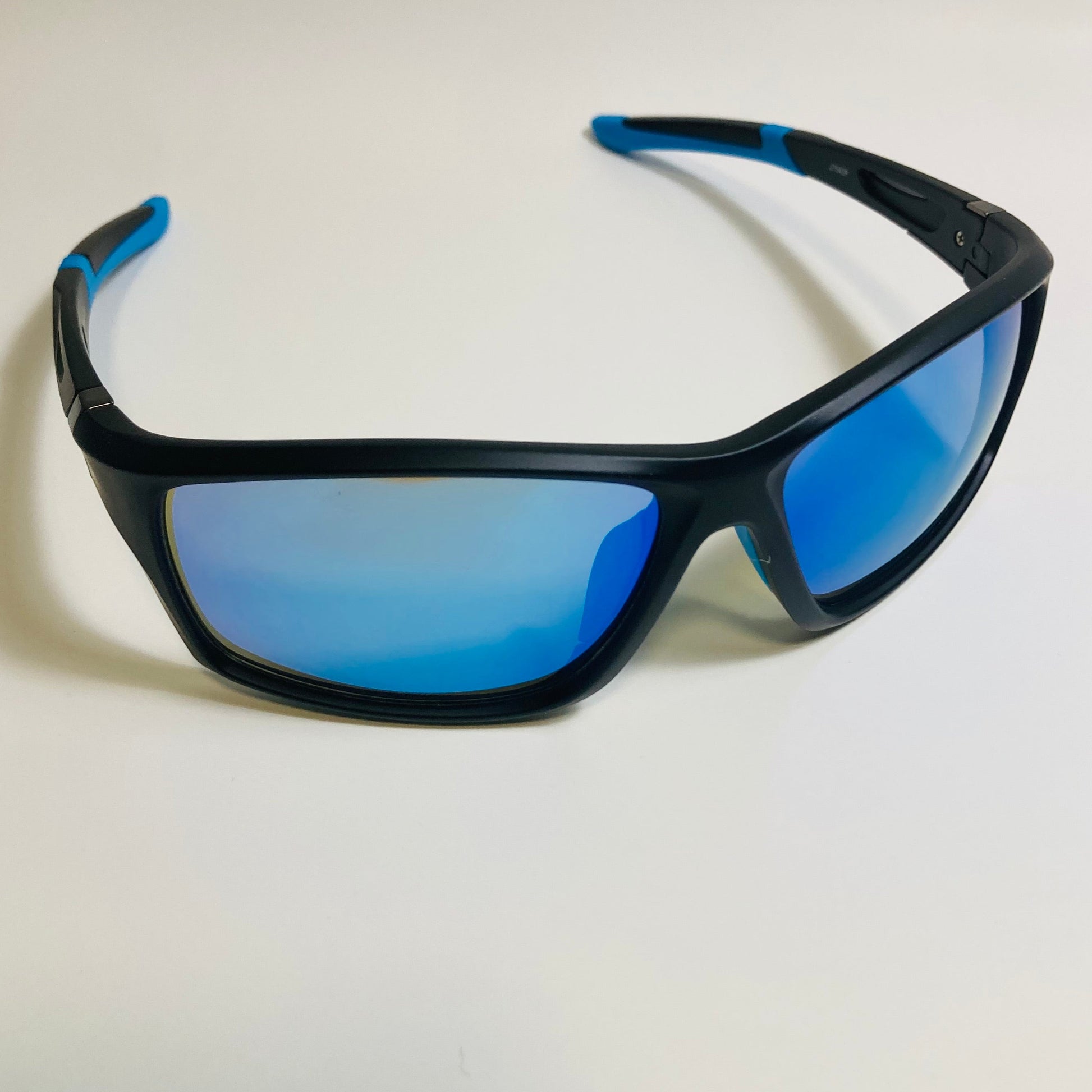 mens black and blue mirrored wraparound sunglasses
