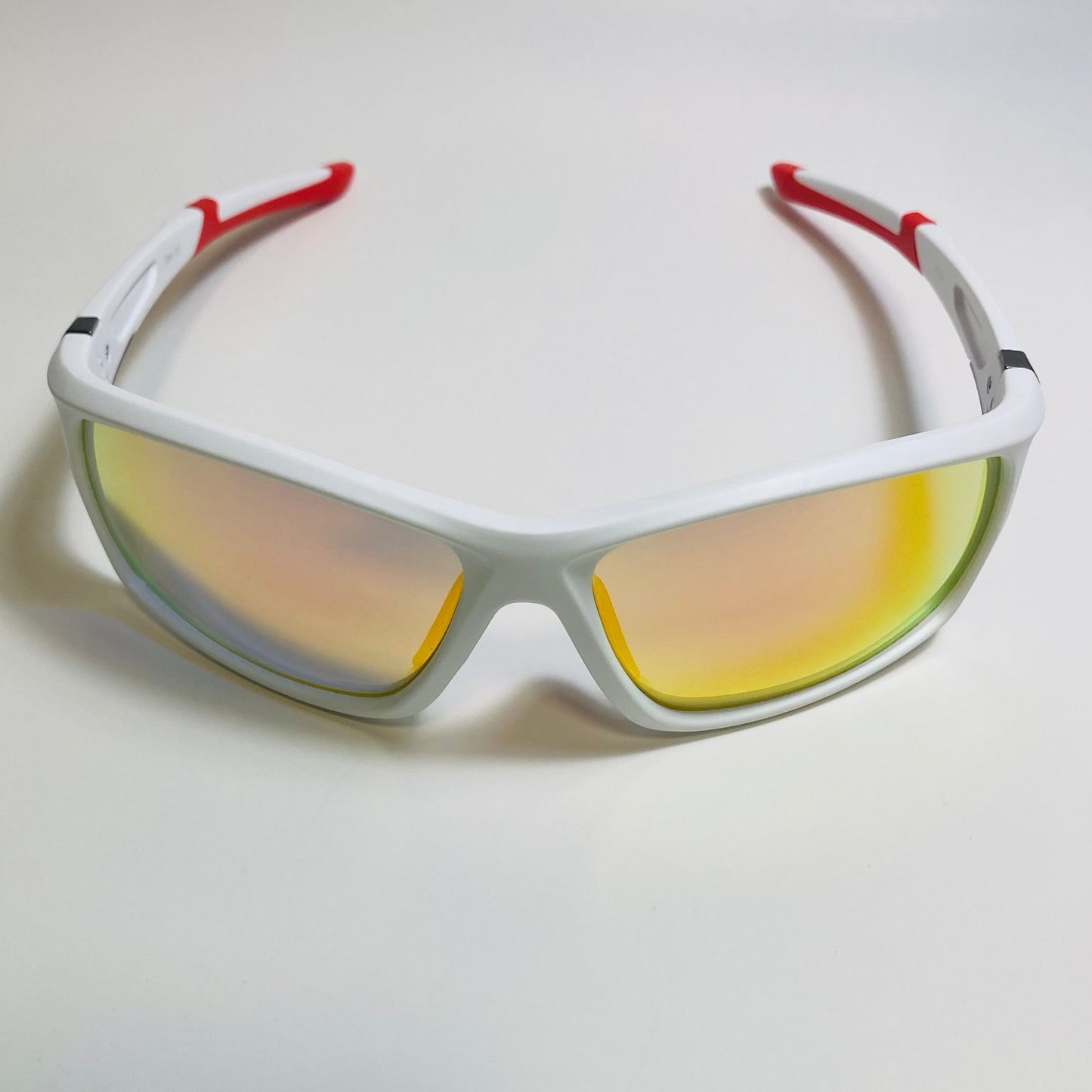 mens white and orange mirrored wraparound sunglasses
