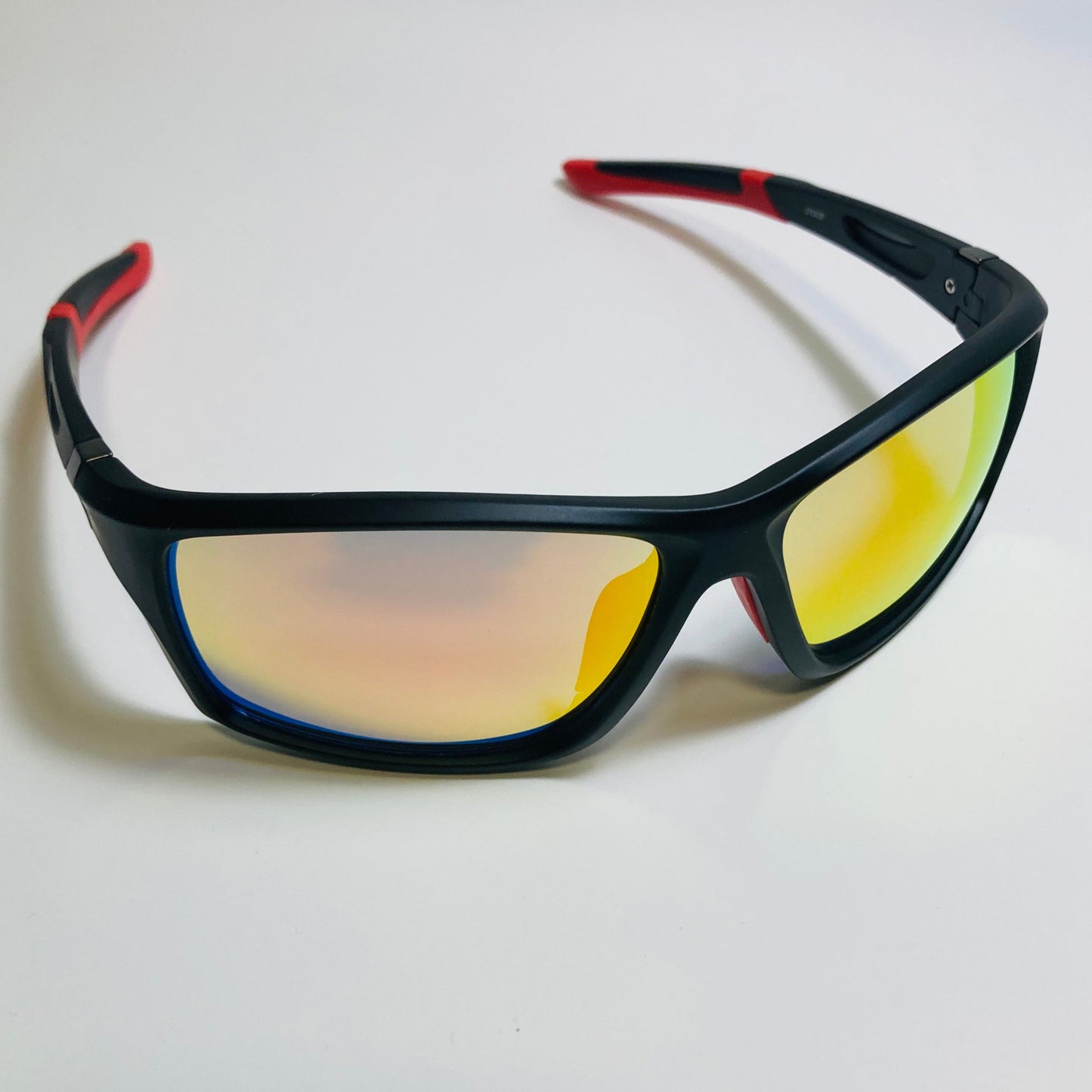 mens black red and orange mirrored wraparound sunglasses