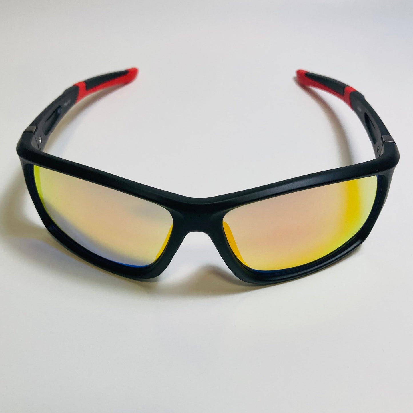 mens black red and orange mirrored wraparound sunglasses