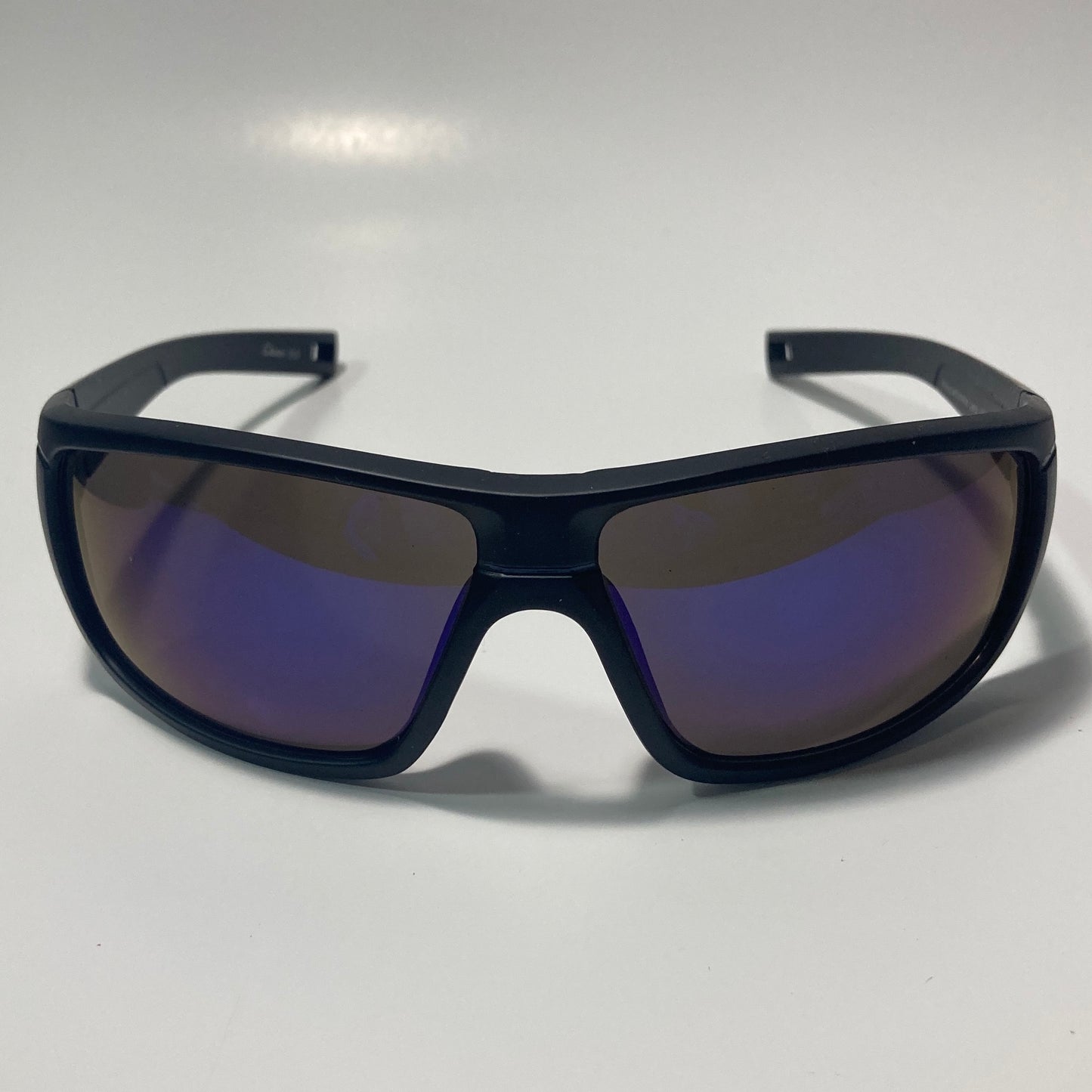 mens black and blue mirrored wrap around sunglasses