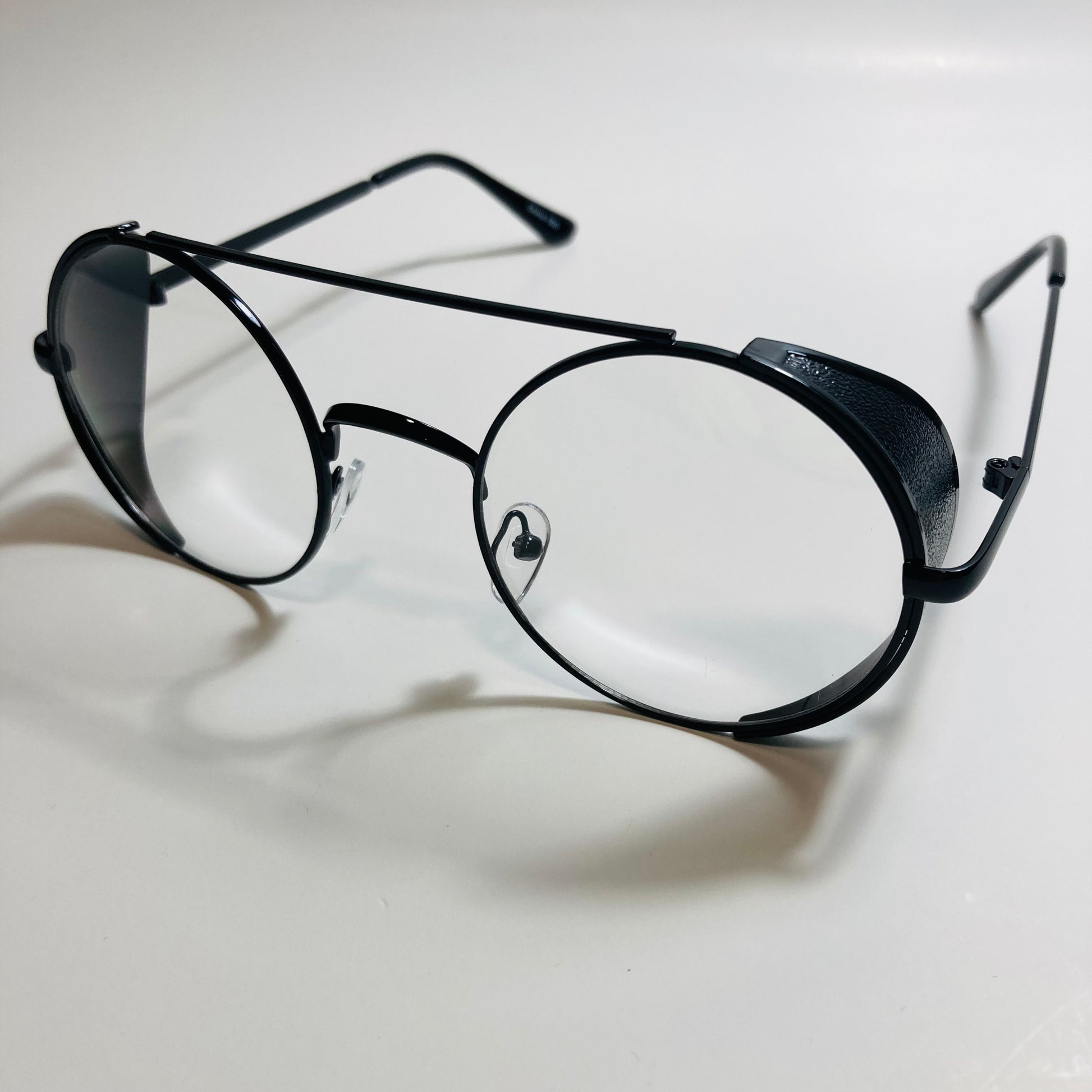 mens and womens black round glasses with side shields