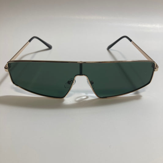 mens and womens gold and green square futuristic sunglasses