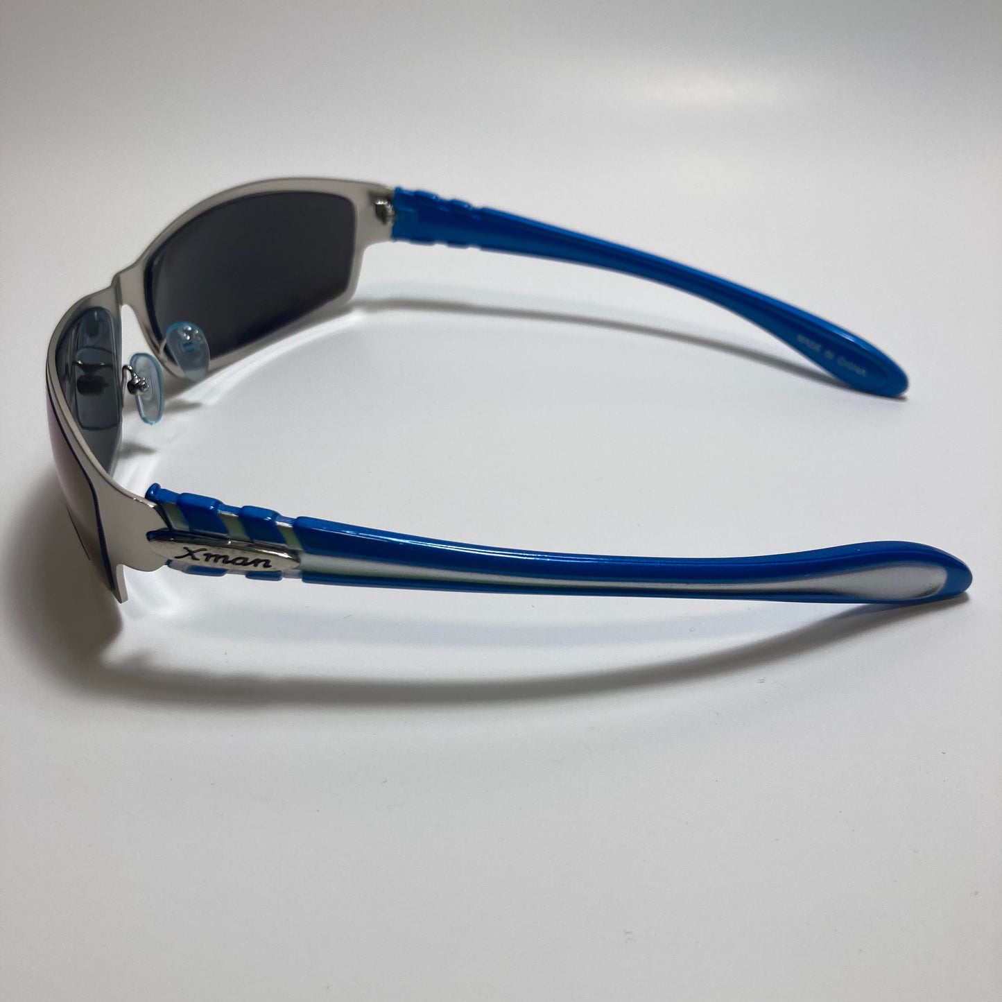 mens and womens blue and silver mirrored metal wrap around sunglasses