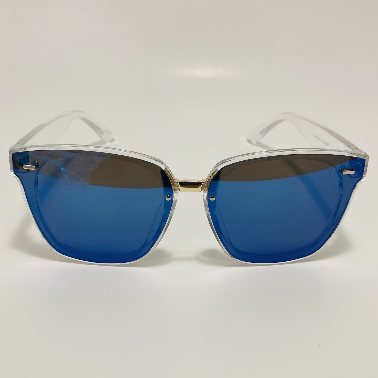 square womens sunglasses with clear frame and blue mirrored lenses