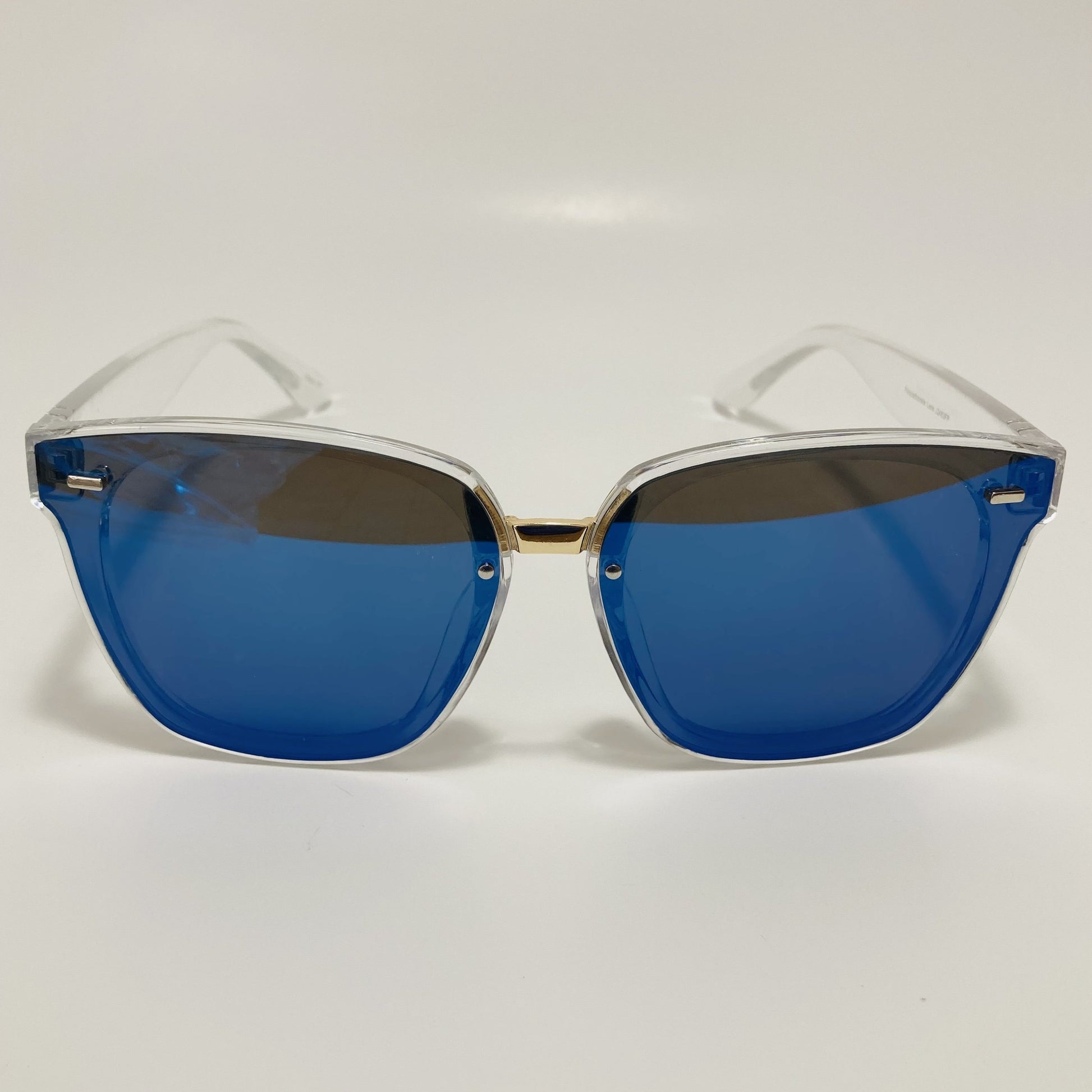 square womens sunglasses with clear frame and blue mirrored lenses