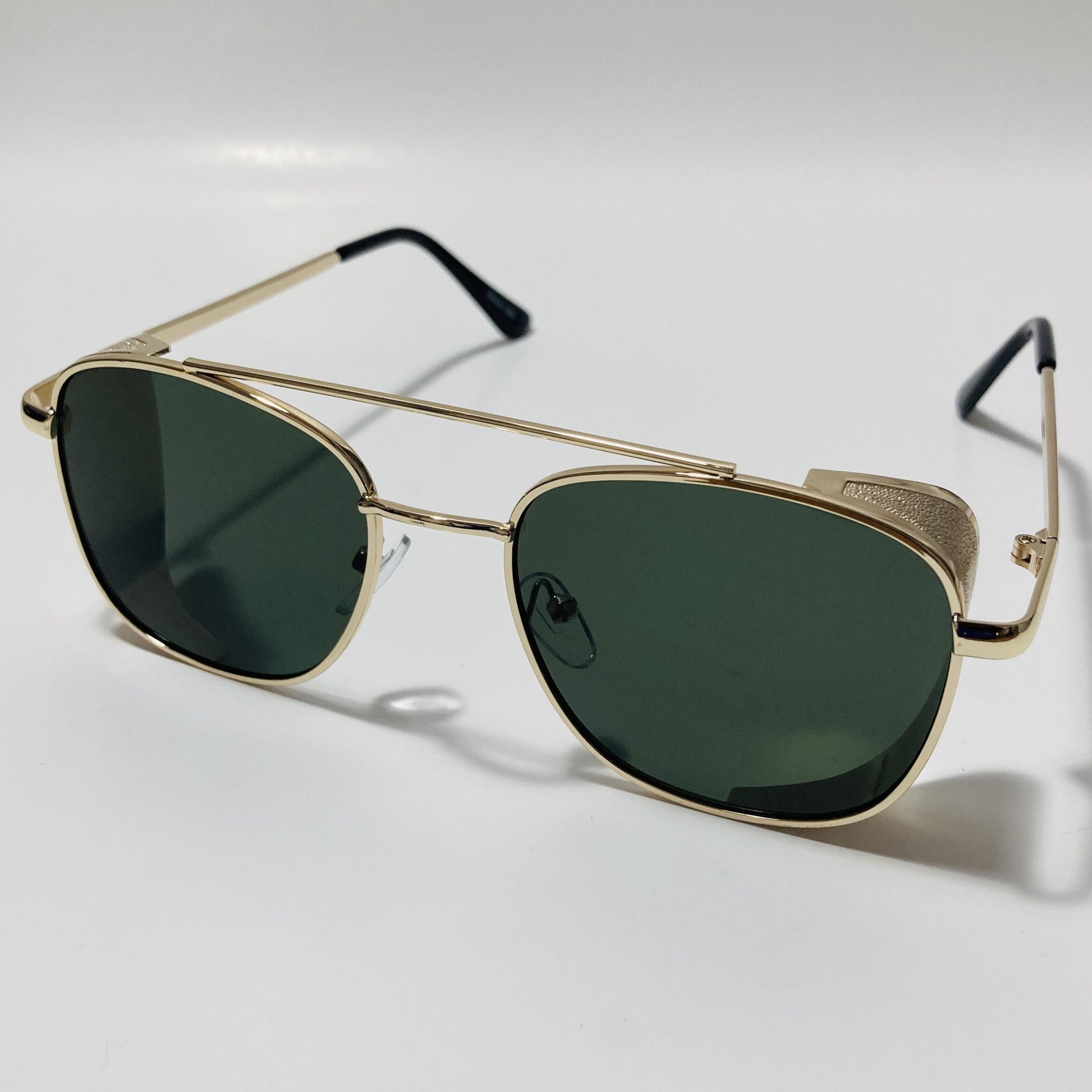 mens gold and green aviator sunglasses with side shield