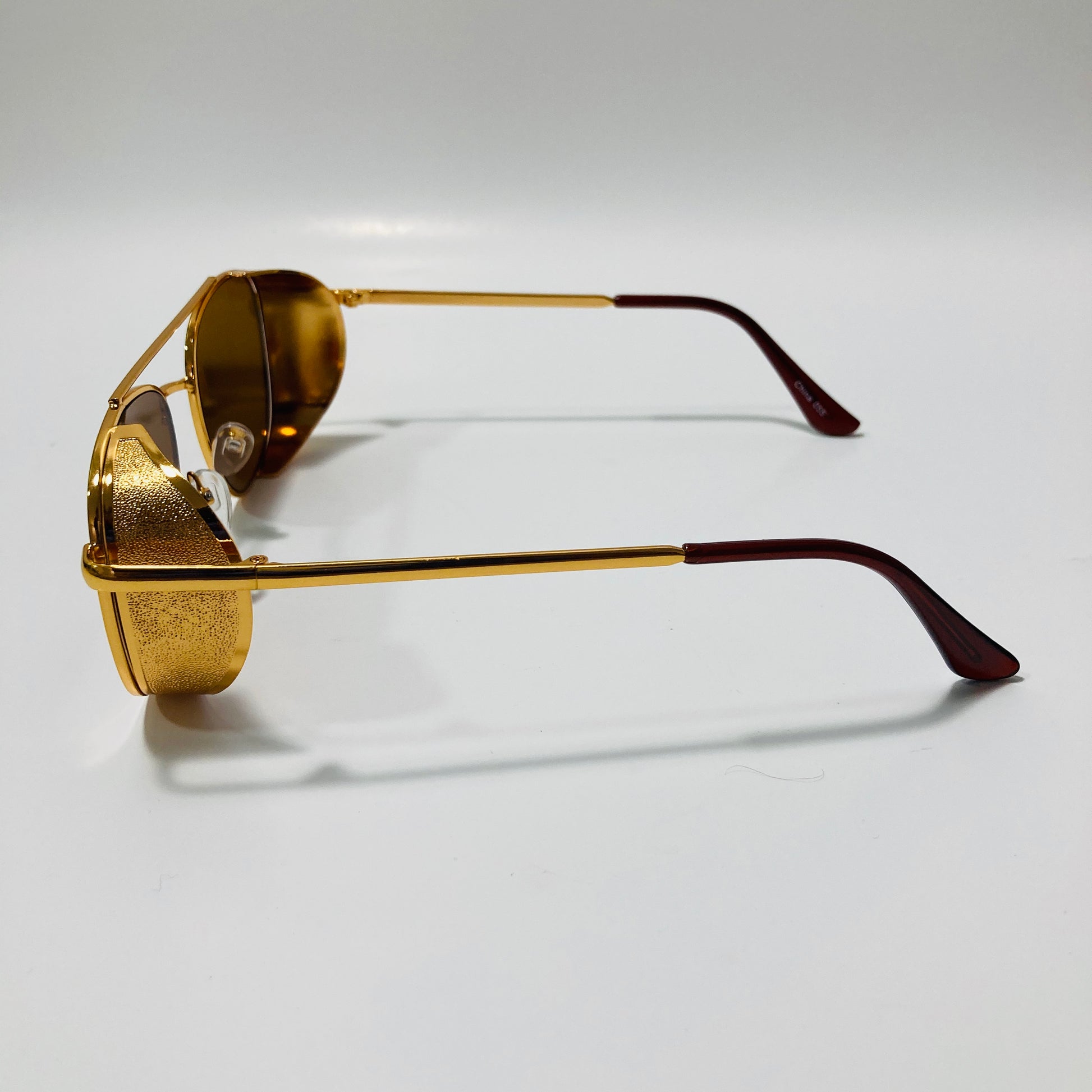 mens gold and brown aviator sunglasses with side shield