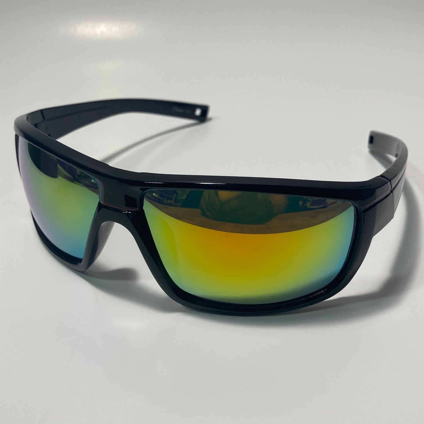 mens black and yellow mirrored wrap around sunglasses