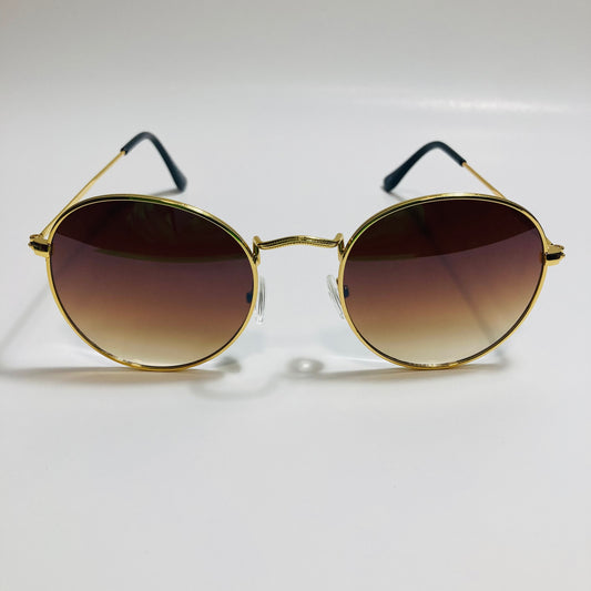 mens and womens round gold sunglasses with brown lenses