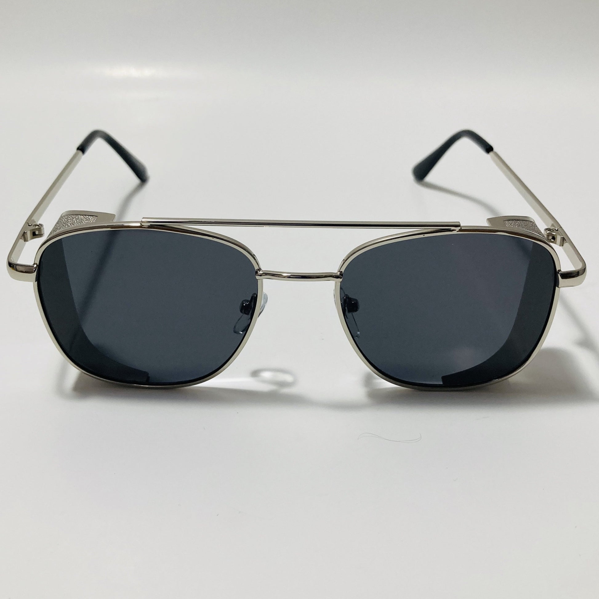 mens silver and black aviator sunglasses with side shield