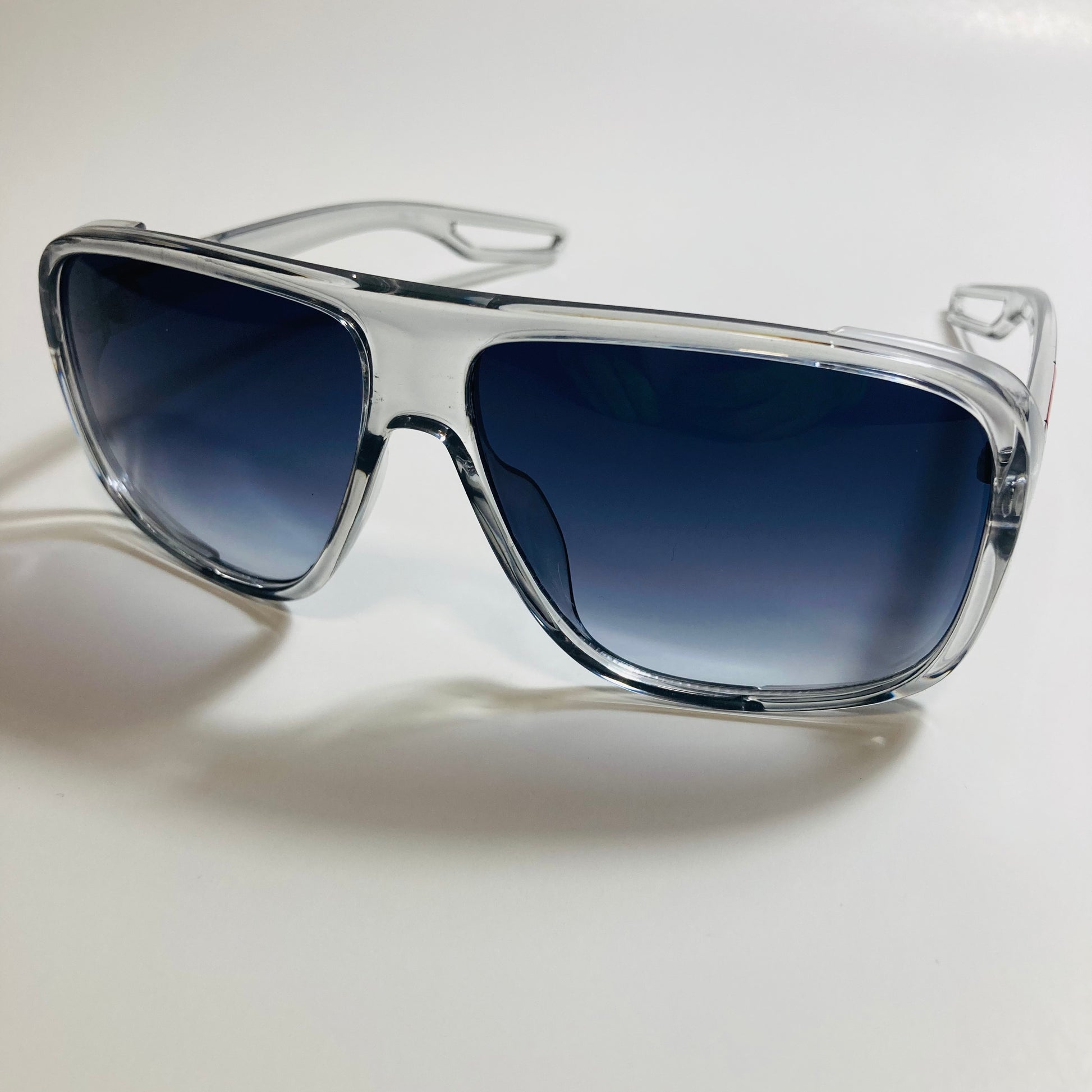 mens and womens clear gray square sunglasses with black lenses