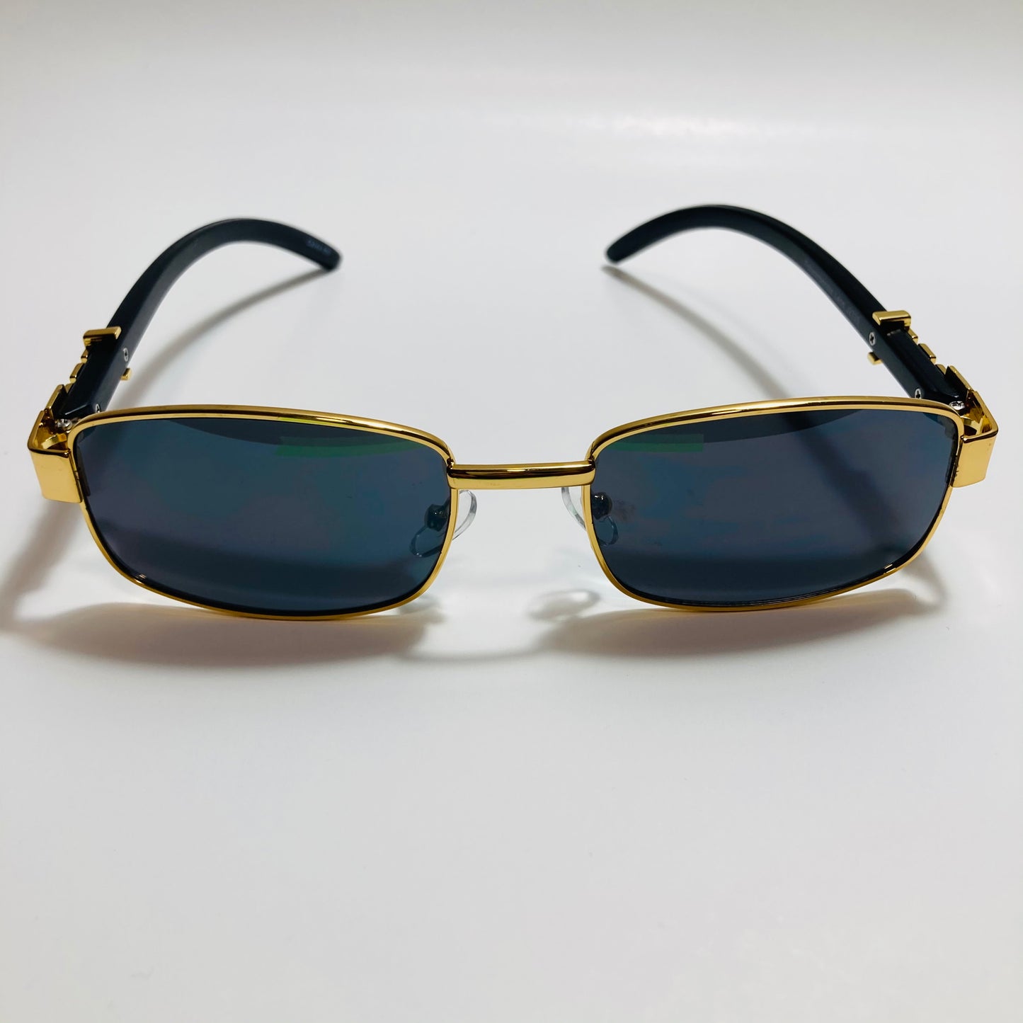 mens and womens gold square sunglasses with black lenses