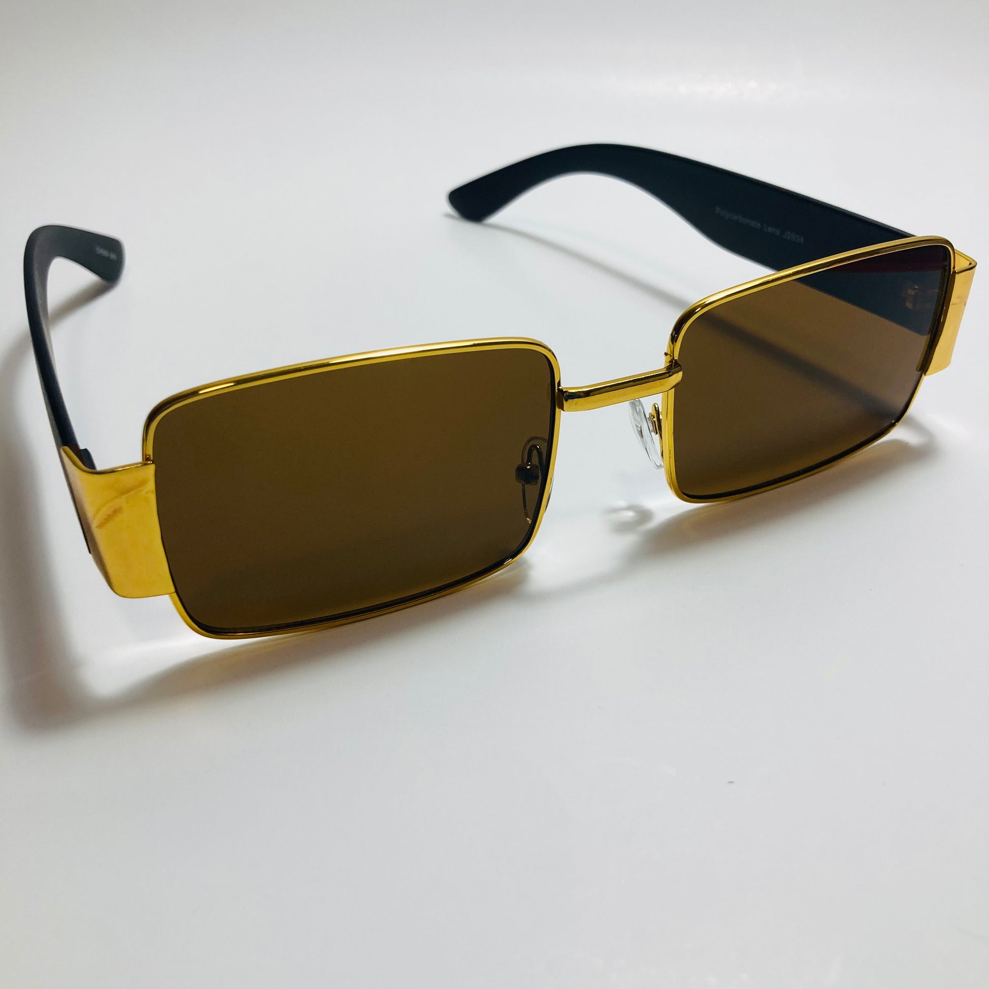 mens and womens brown and gold square sunglasses