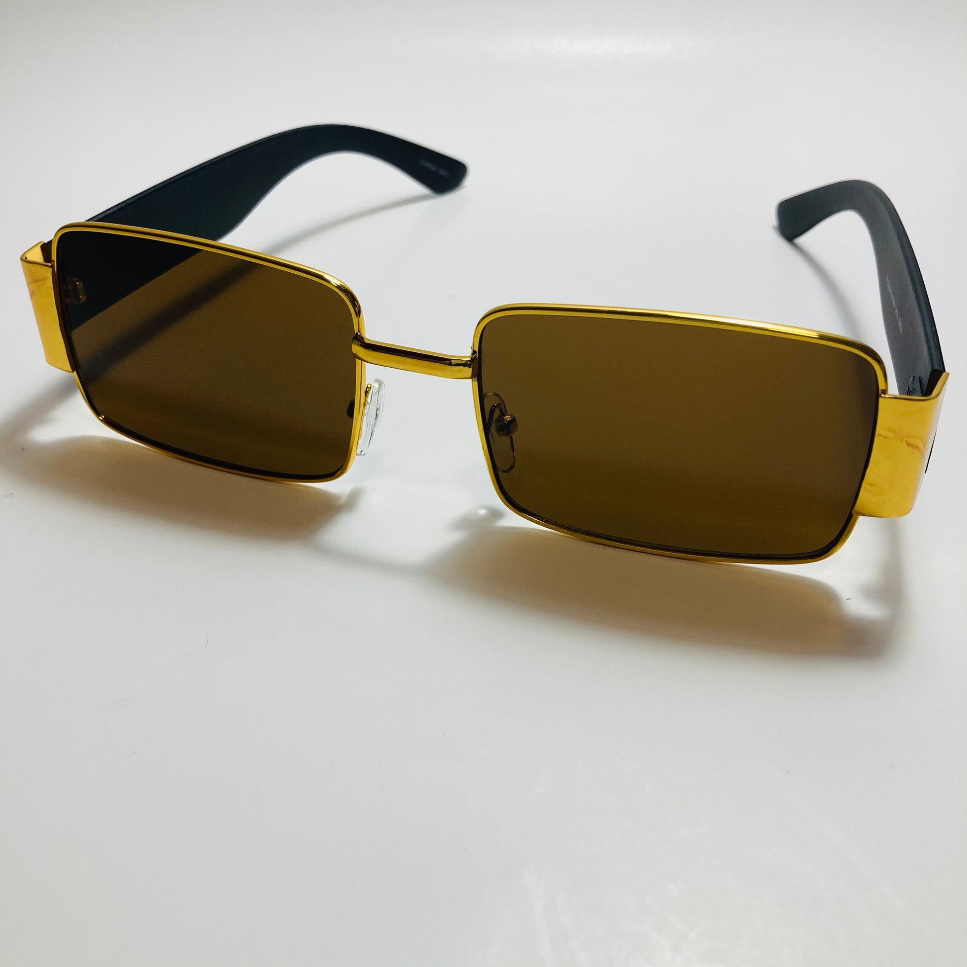 mens and womens brown and gold square sunglasses