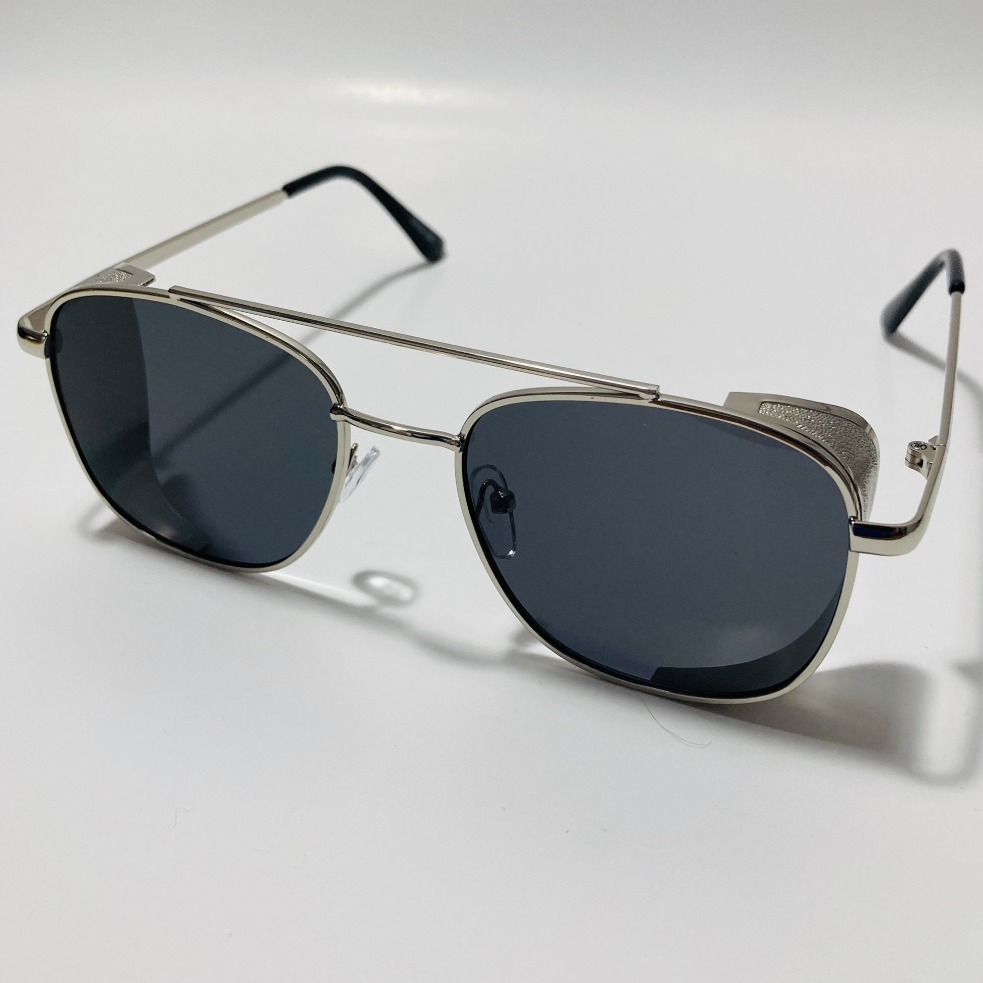 mens silver and black aviator sunglasses with side shield