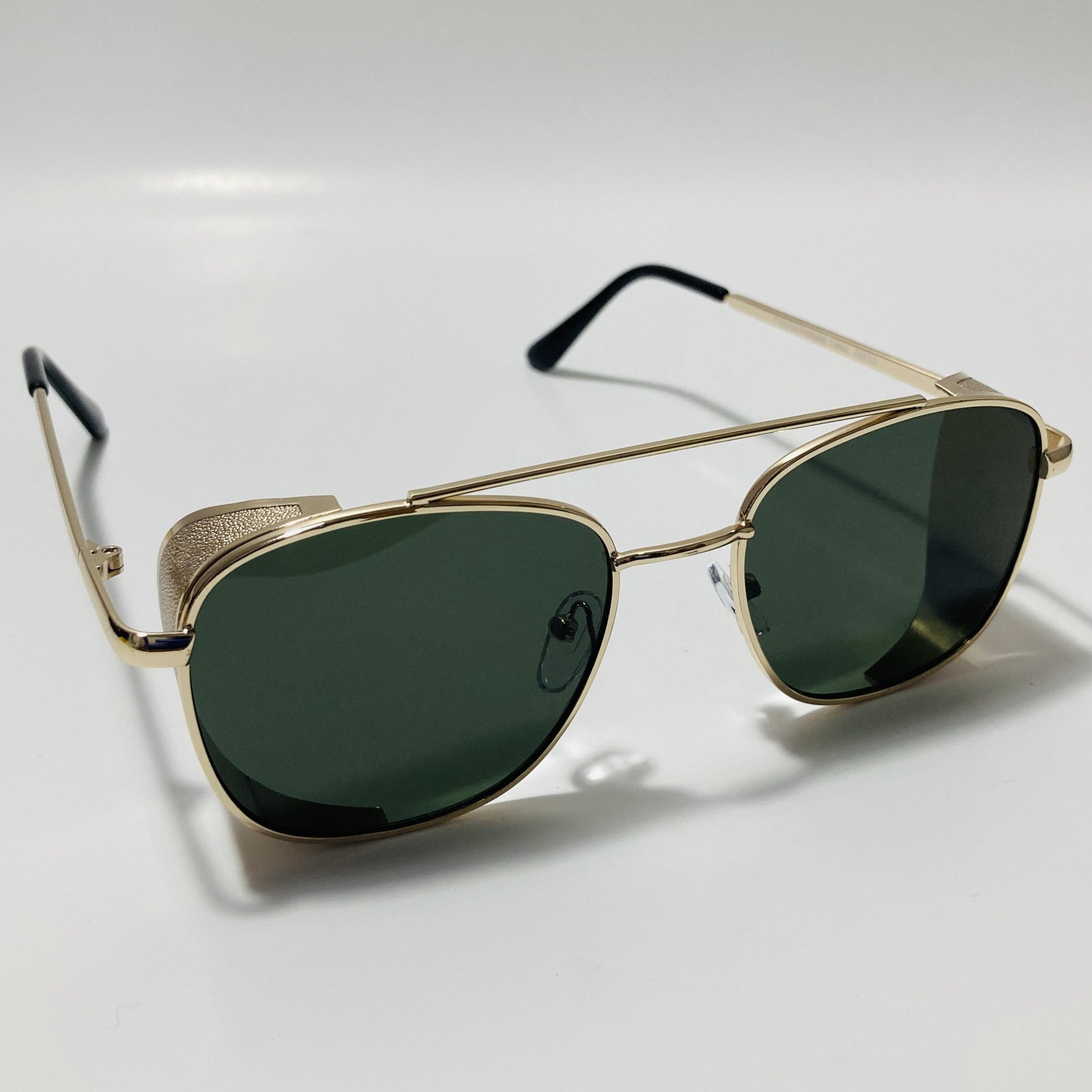mens gold and green aviator sunglasses with side shield