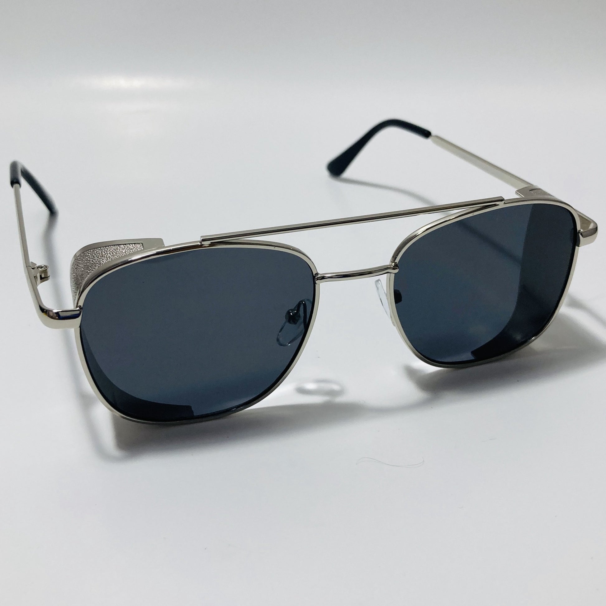 mens silver and black aviator sunglasses with side shield