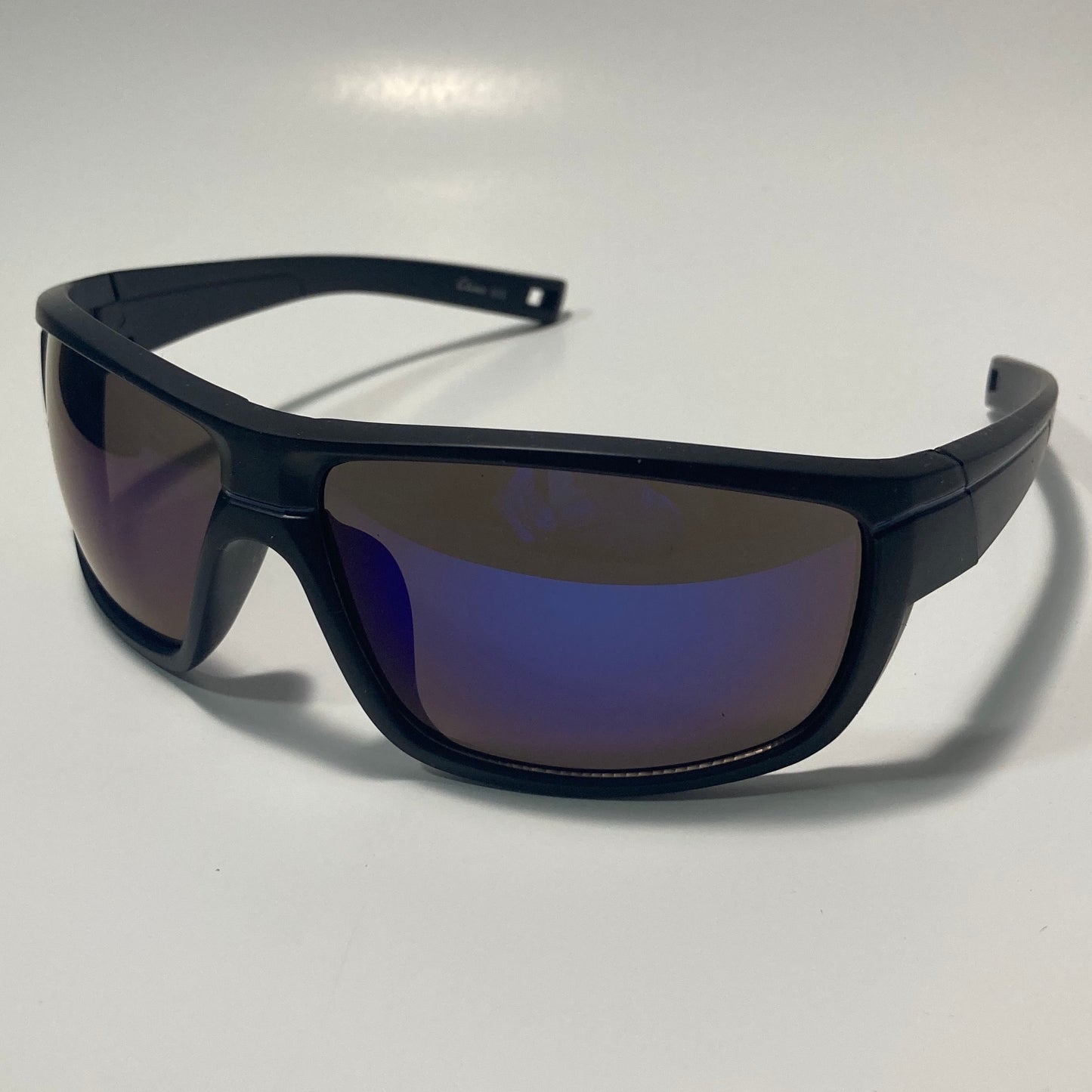mens black and blue mirrored wrap around sunglasses