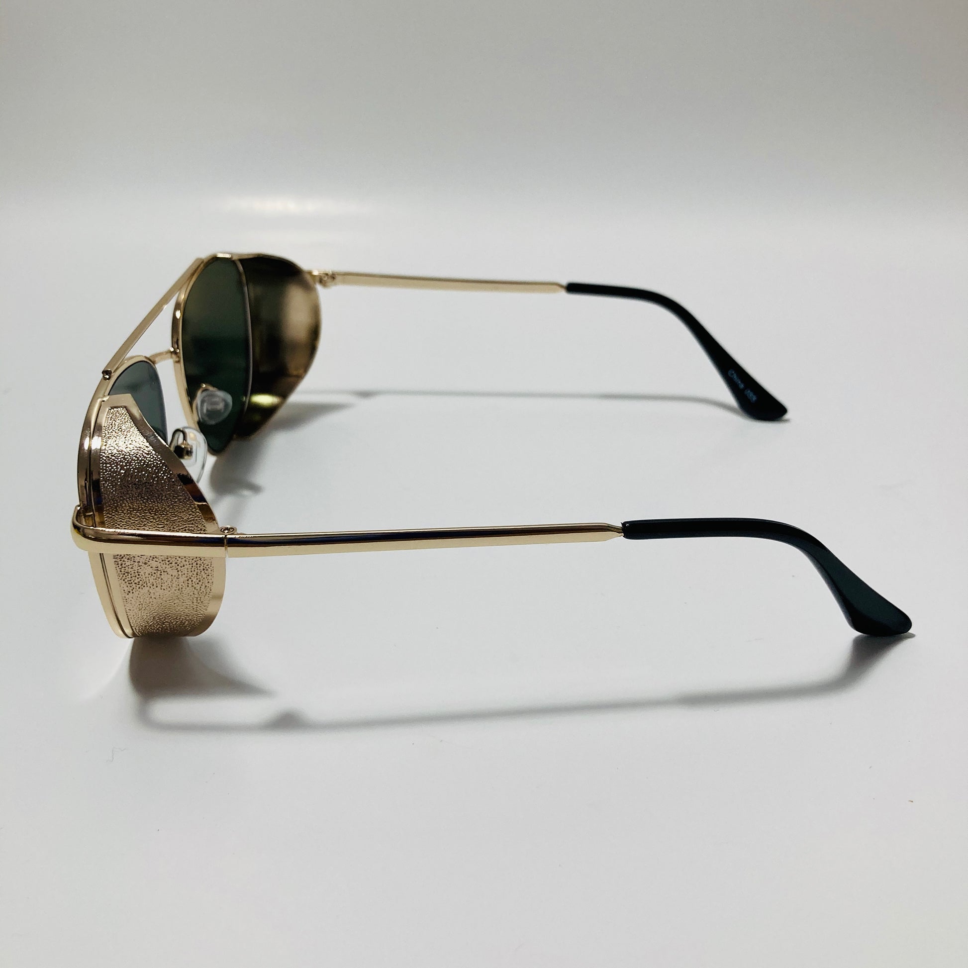 mens gold and green aviator sunglasses with side shield
