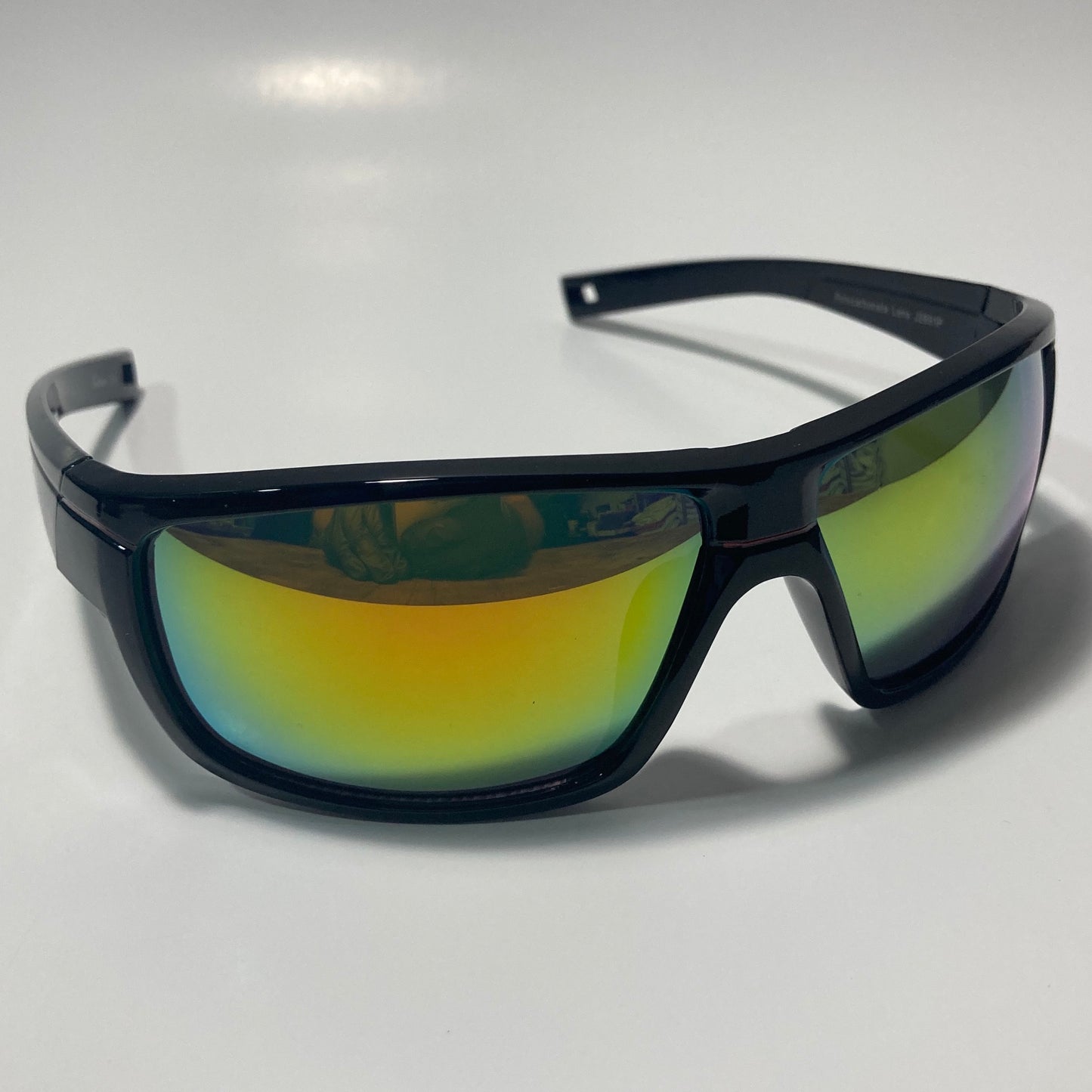 mens black and yellow mirrored wrap around sunglasses