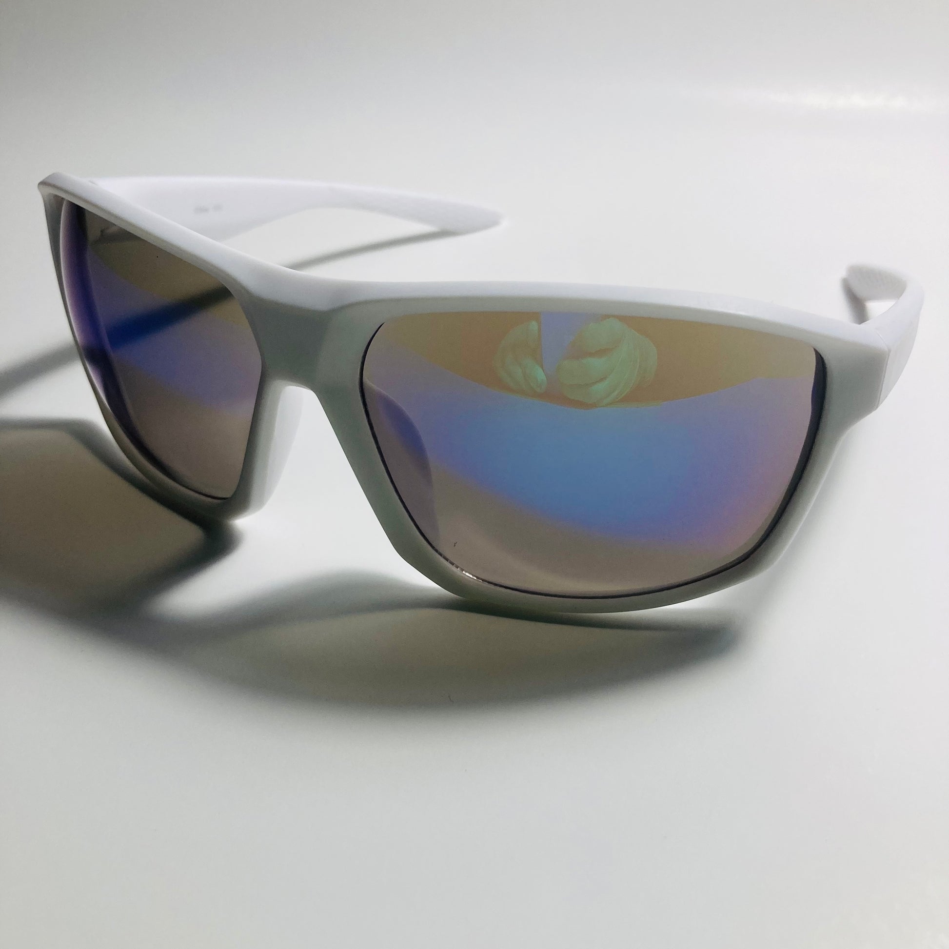 mens white and blue wrap around sunglasses