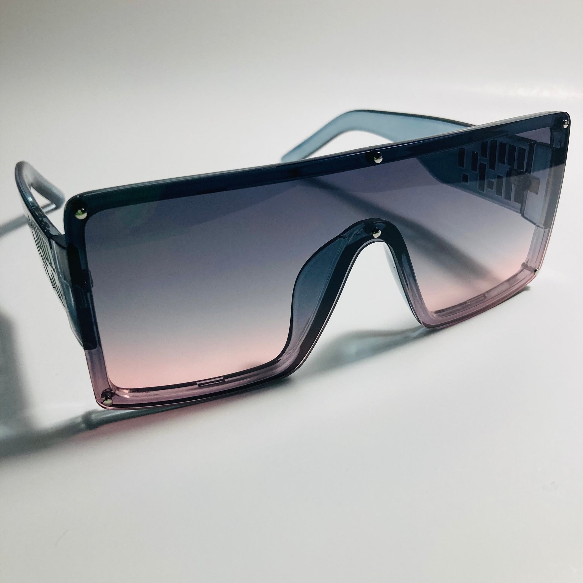 womens gray and pink oversize shield sunglasses with rhinestones