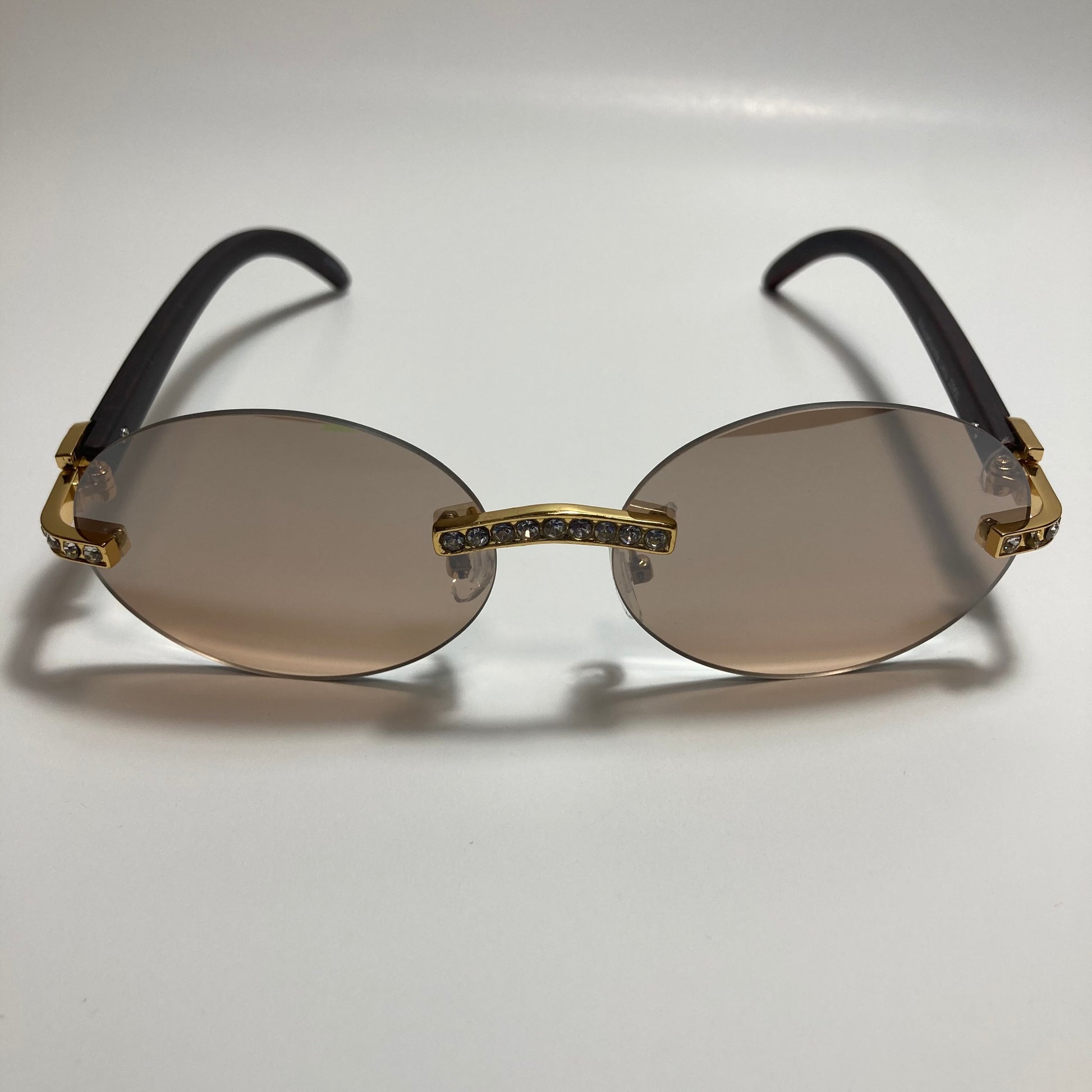 mens and womens rimless round gold diamond sunglasses with brown lenses