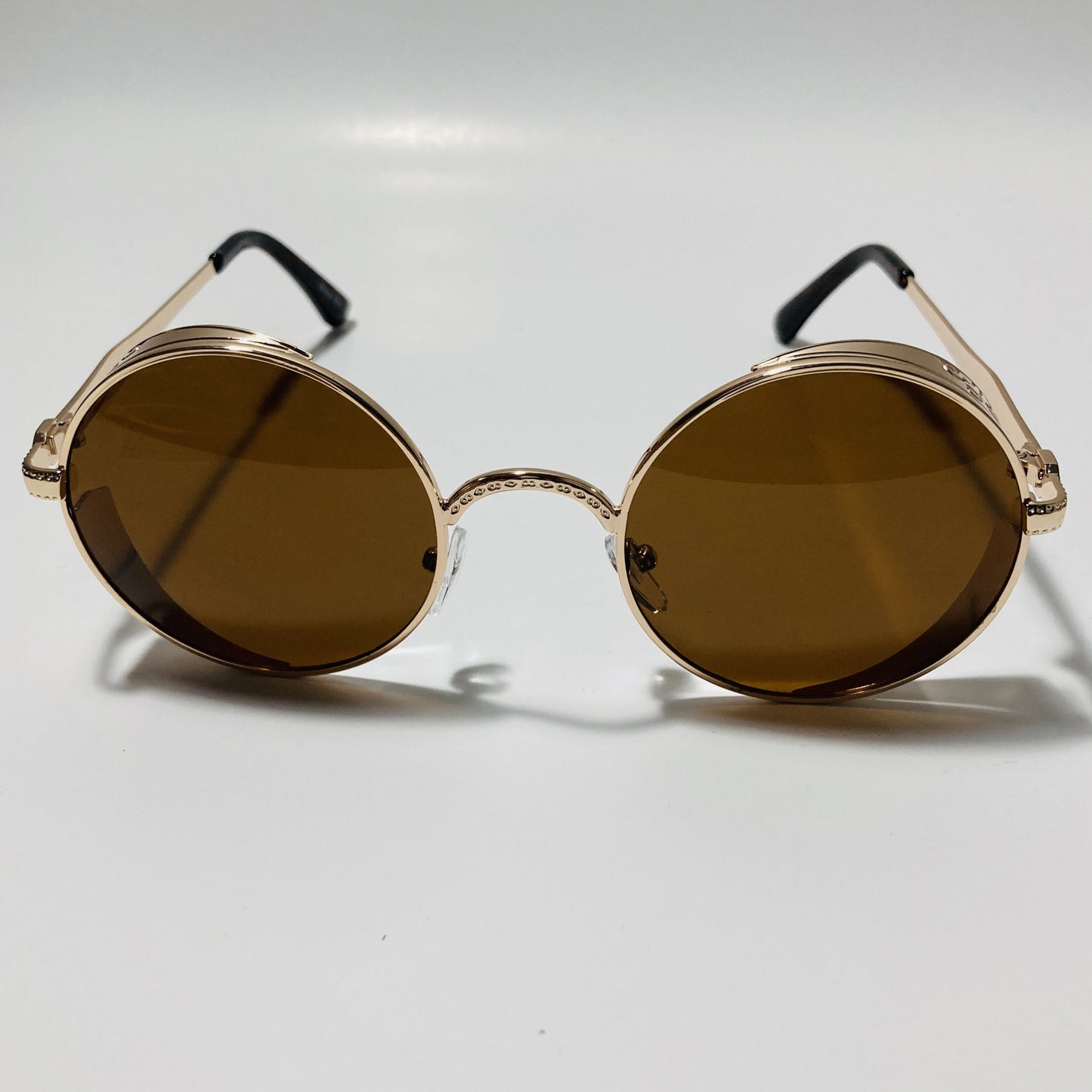 men and women brown and gold round steampunk sunglasses