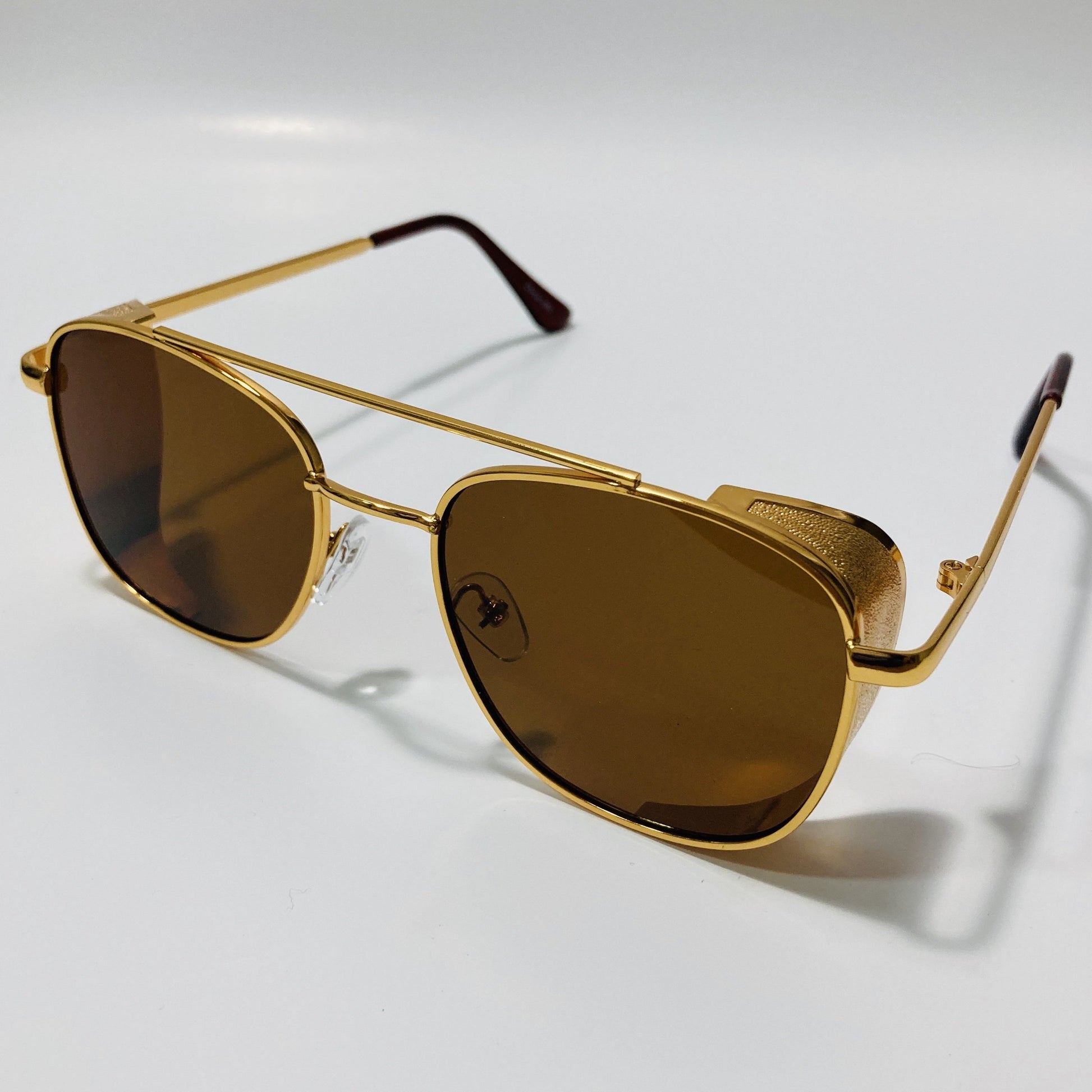 mens gold and brown aviator sunglasses with side shield