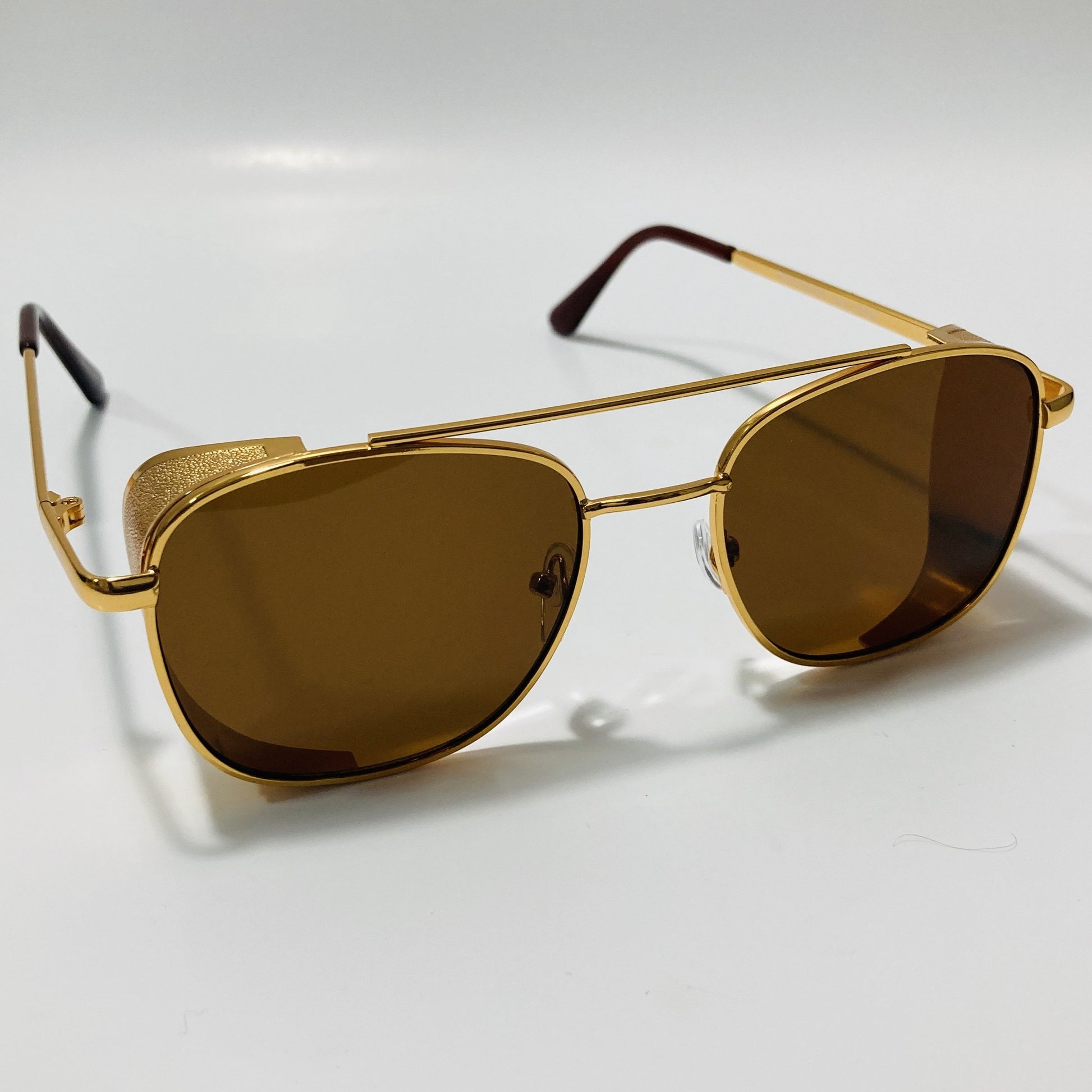 mens gold and brown aviator sunglasses with side shield