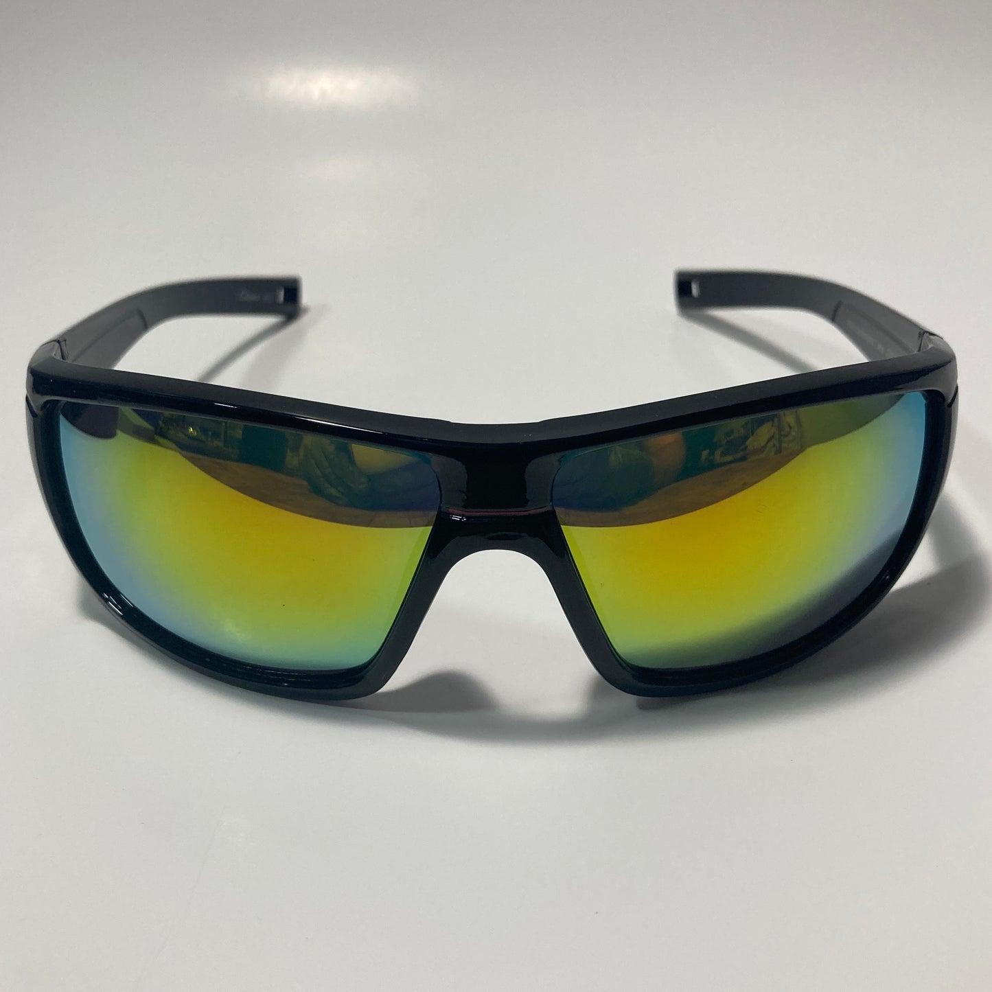 mens black and yellow mirrored wrap around sunglasses