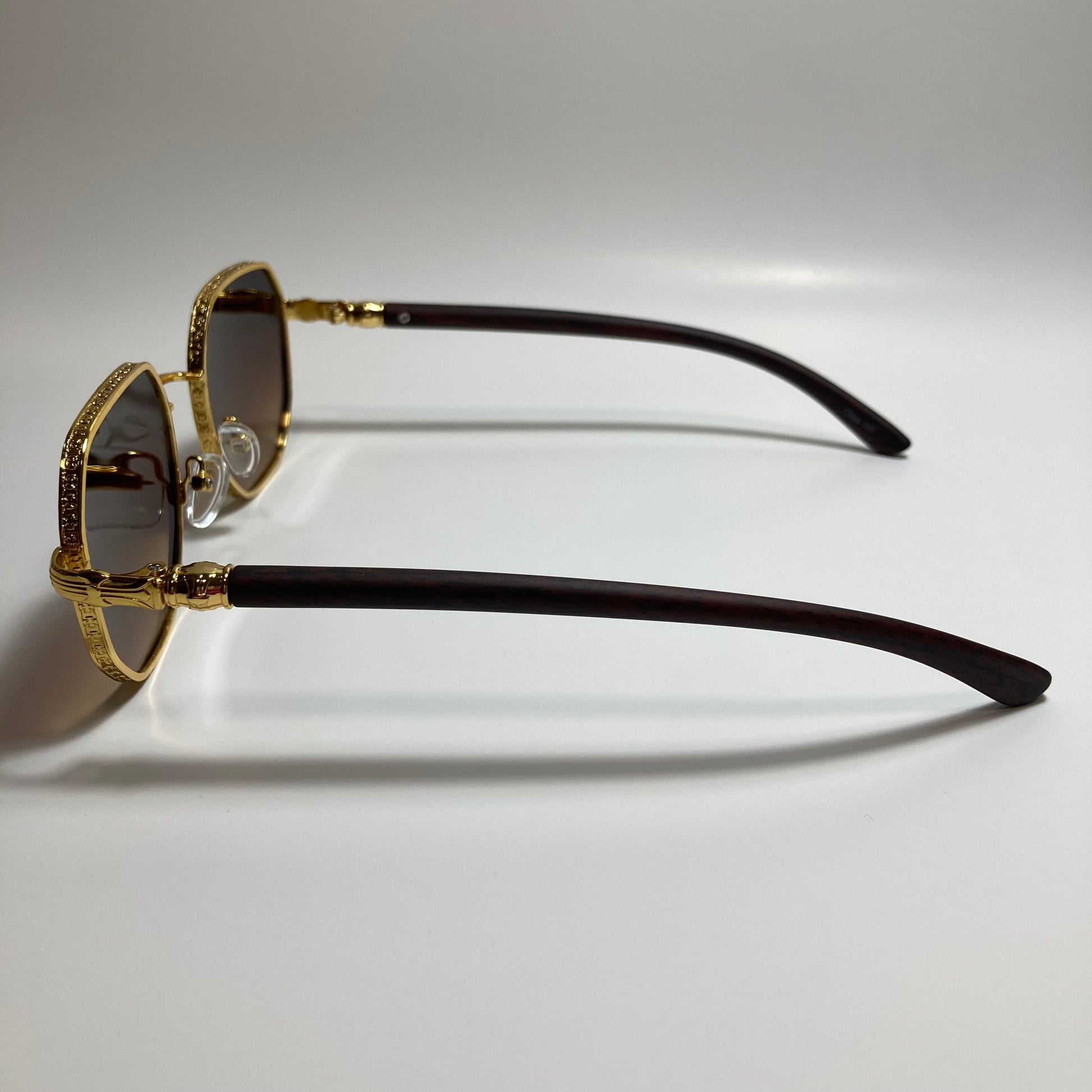 mens and womens brown and gold square sunglasses