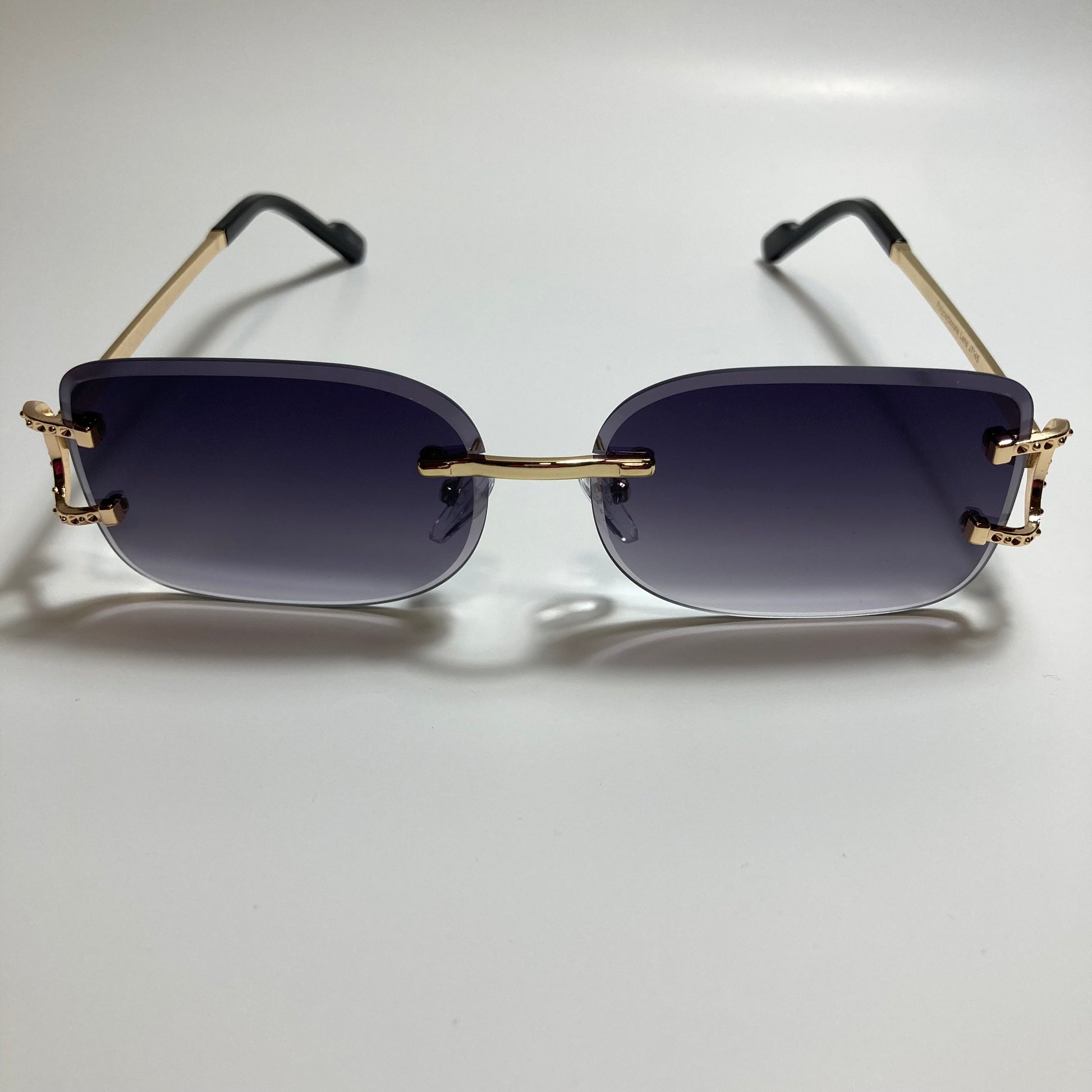 mens and womens black and gold rimless square sunglasses